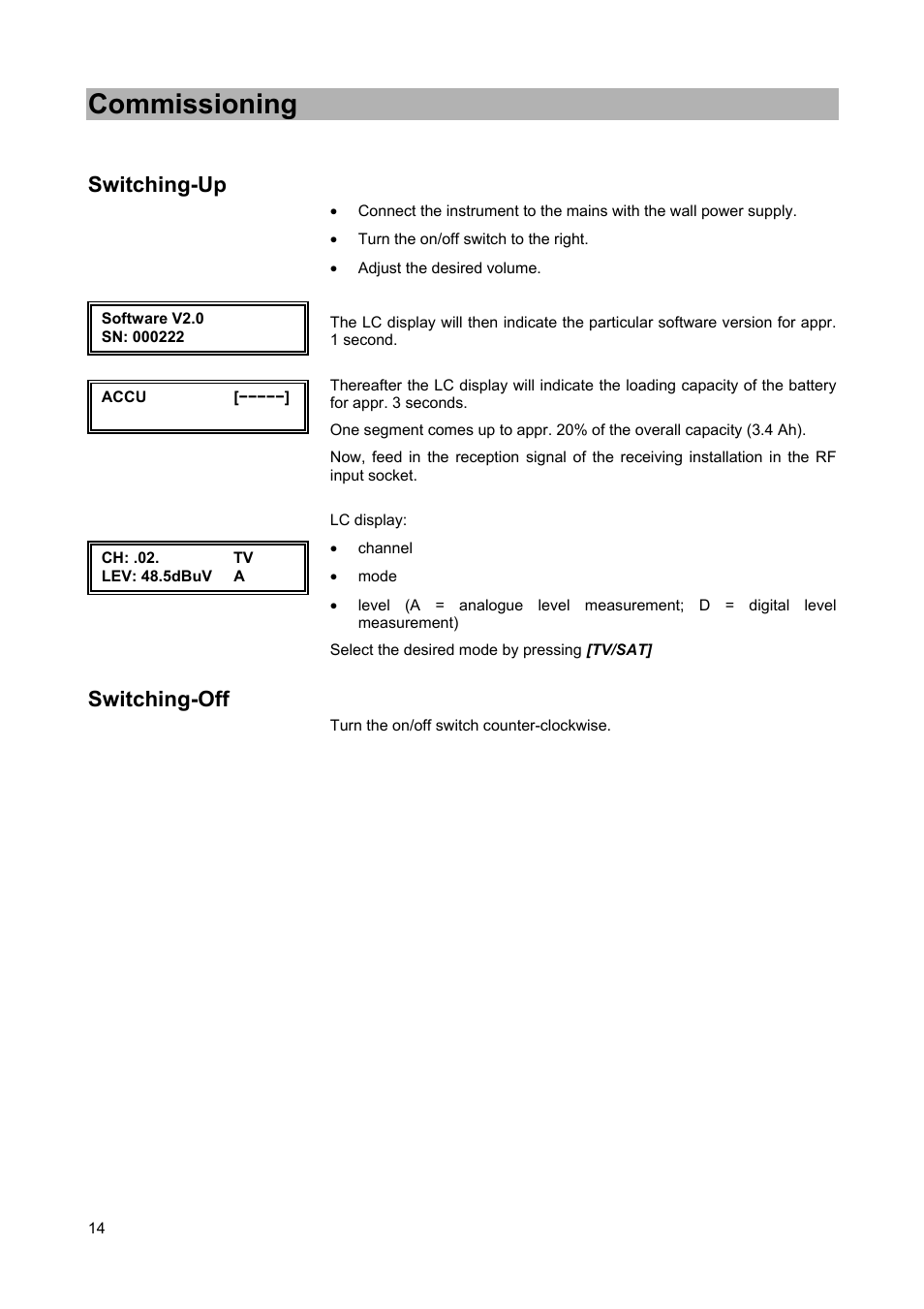 Commissioning, Switching-up, Switching-off | Kathrein MSK 25 User Manual | Page 14 / 56