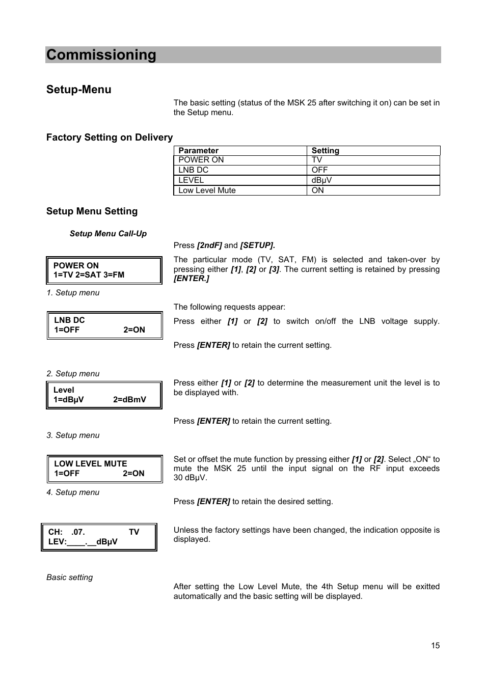 Commissioning, Setup-menu | Kathrein MSK 25 User Manual | Page 15 / 56