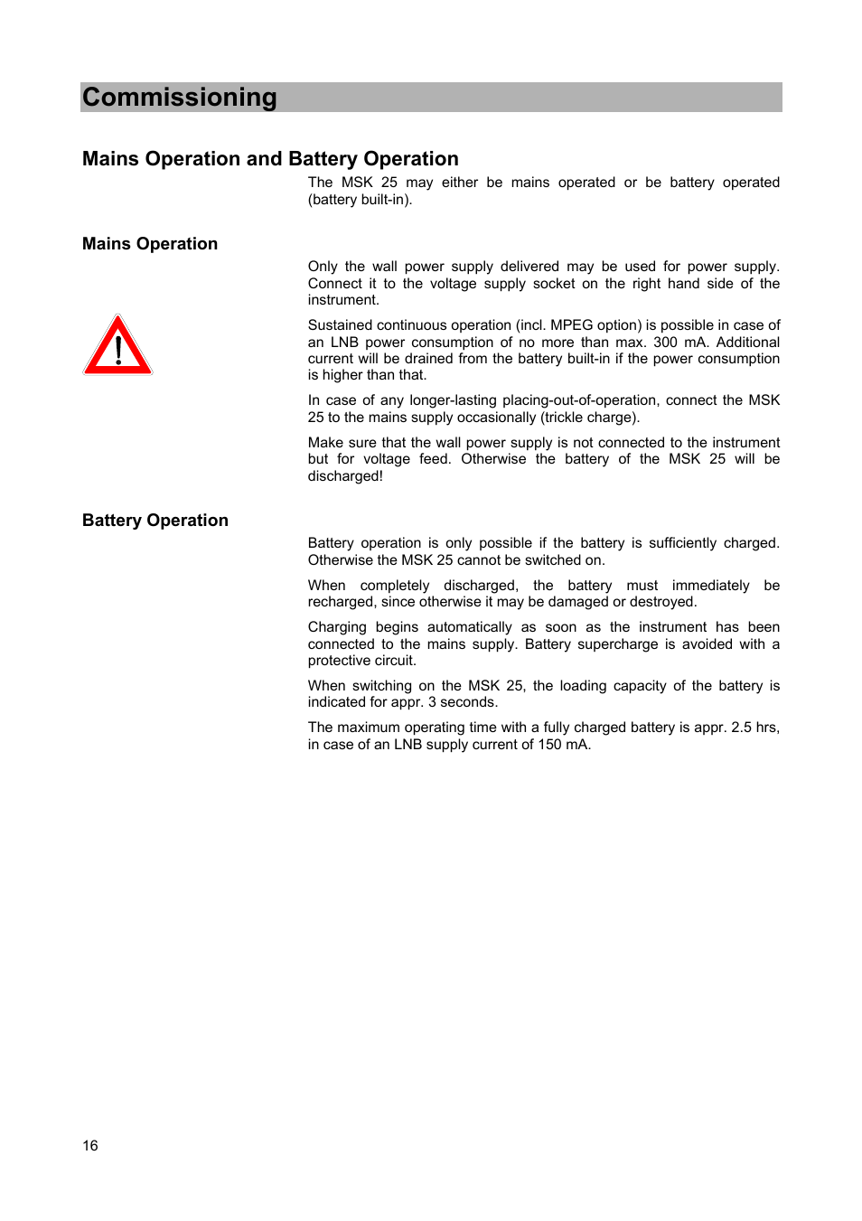 Commissioning, Mains operation and battery operation | Kathrein MSK 25 User Manual | Page 16 / 56