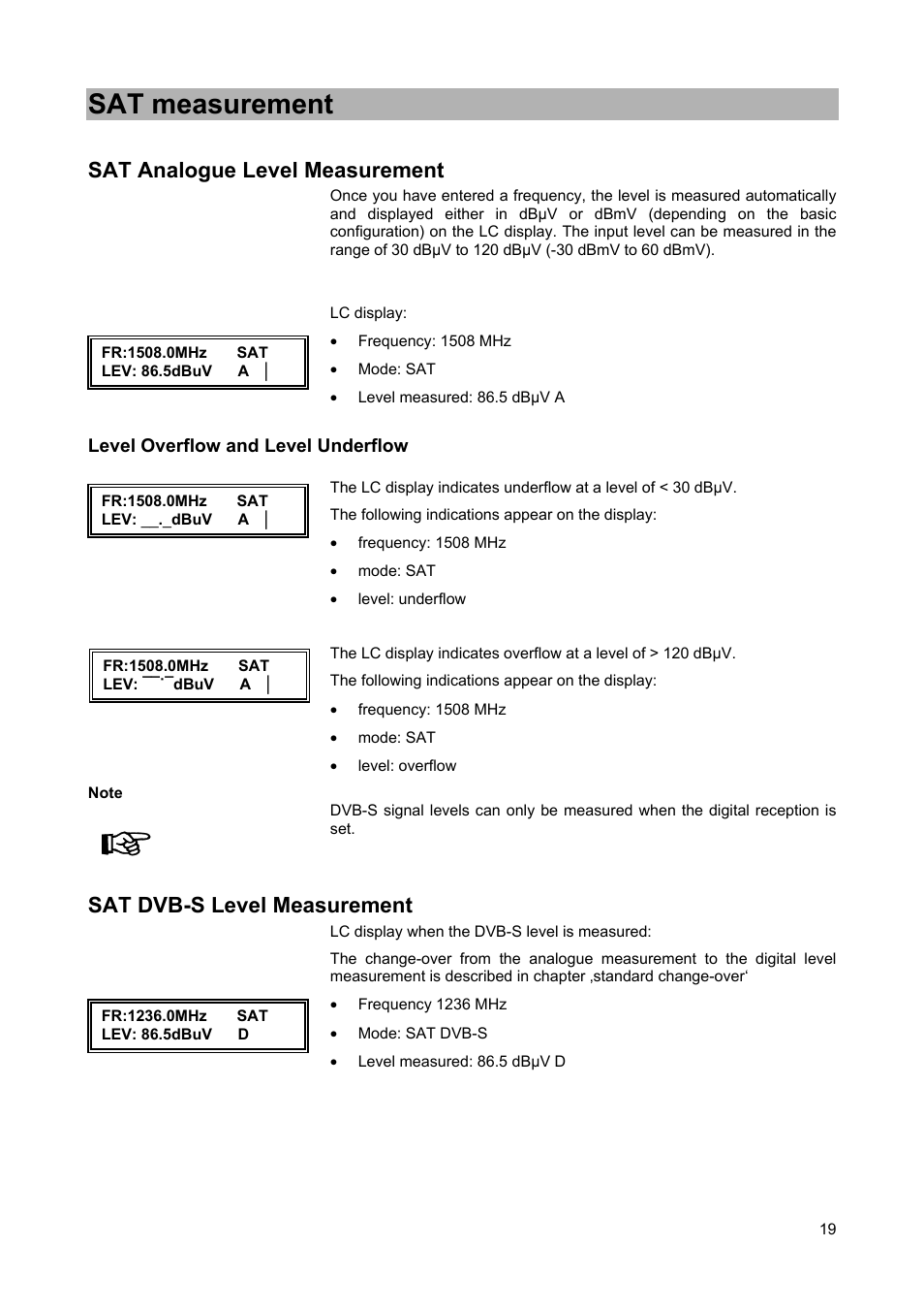 Sat measurement, Sat analogue level measurement, Sat dvb-s level measurement | Kathrein MSK 25 User Manual | Page 19 / 56