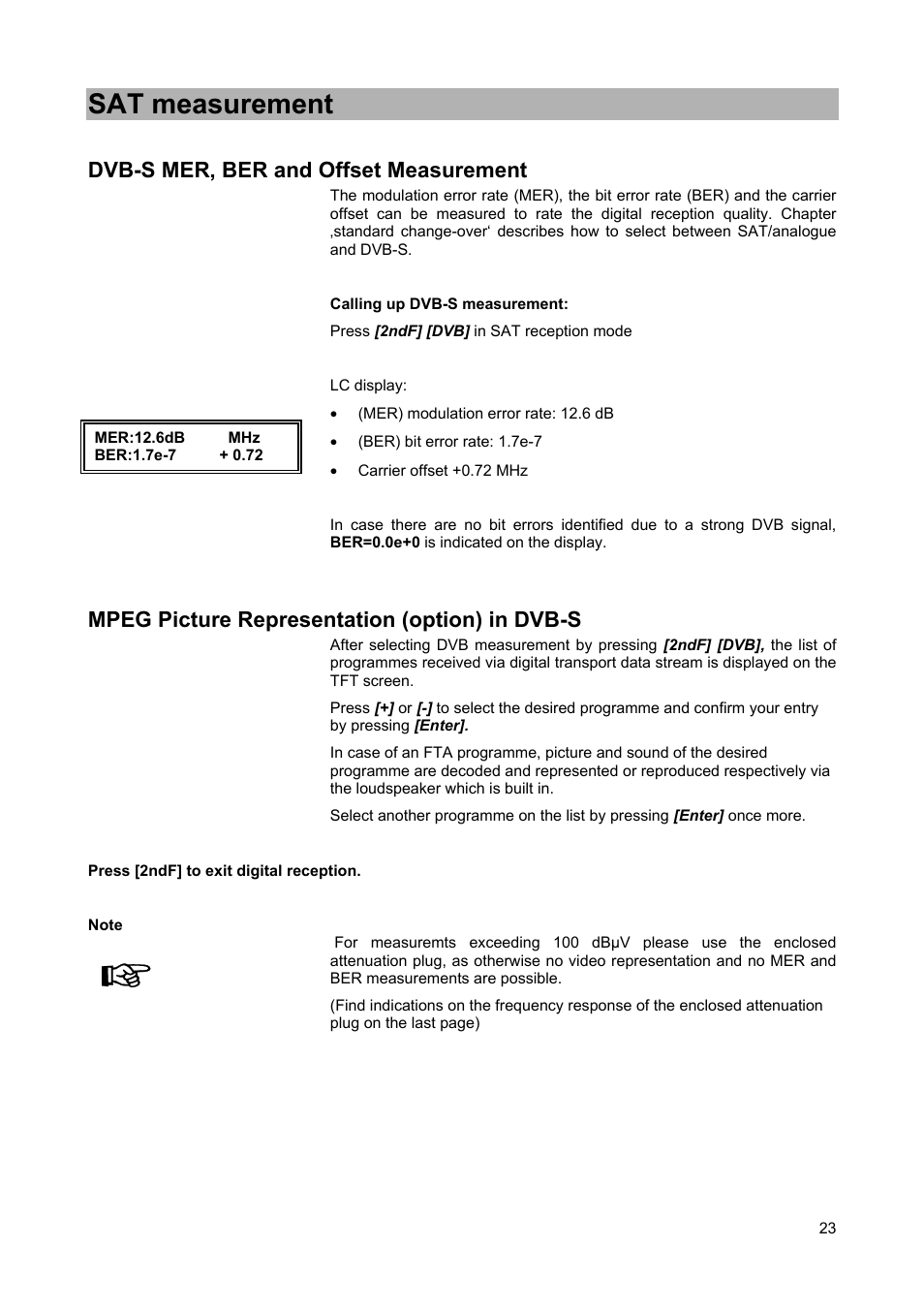 Sat measurement, Dvb-s mer, ber and offset measurement, Mpeg picture representation (option) in dvb-s | Kathrein MSK 25 User Manual | Page 23 / 56