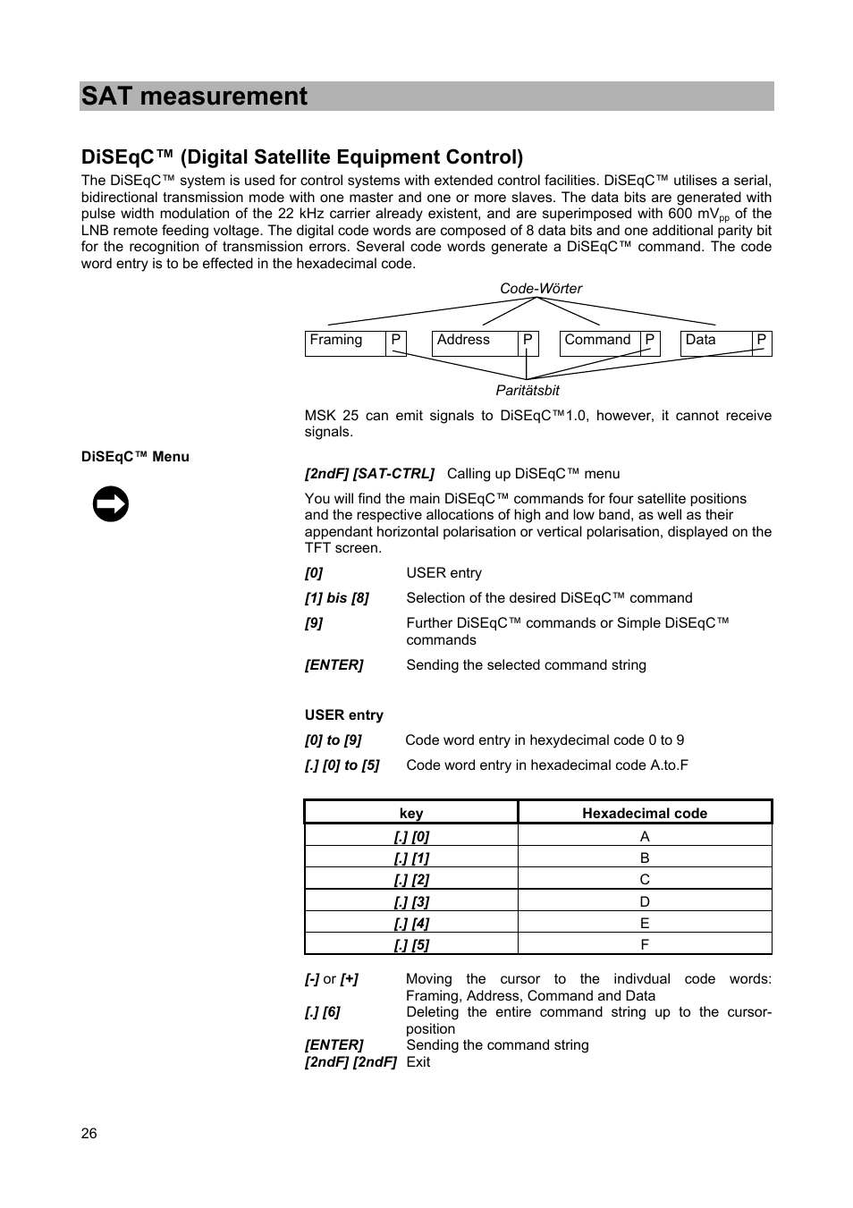 Sat measurement, Diseqc™ (digital satellite equipment control) | Kathrein MSK 25 User Manual | Page 26 / 56