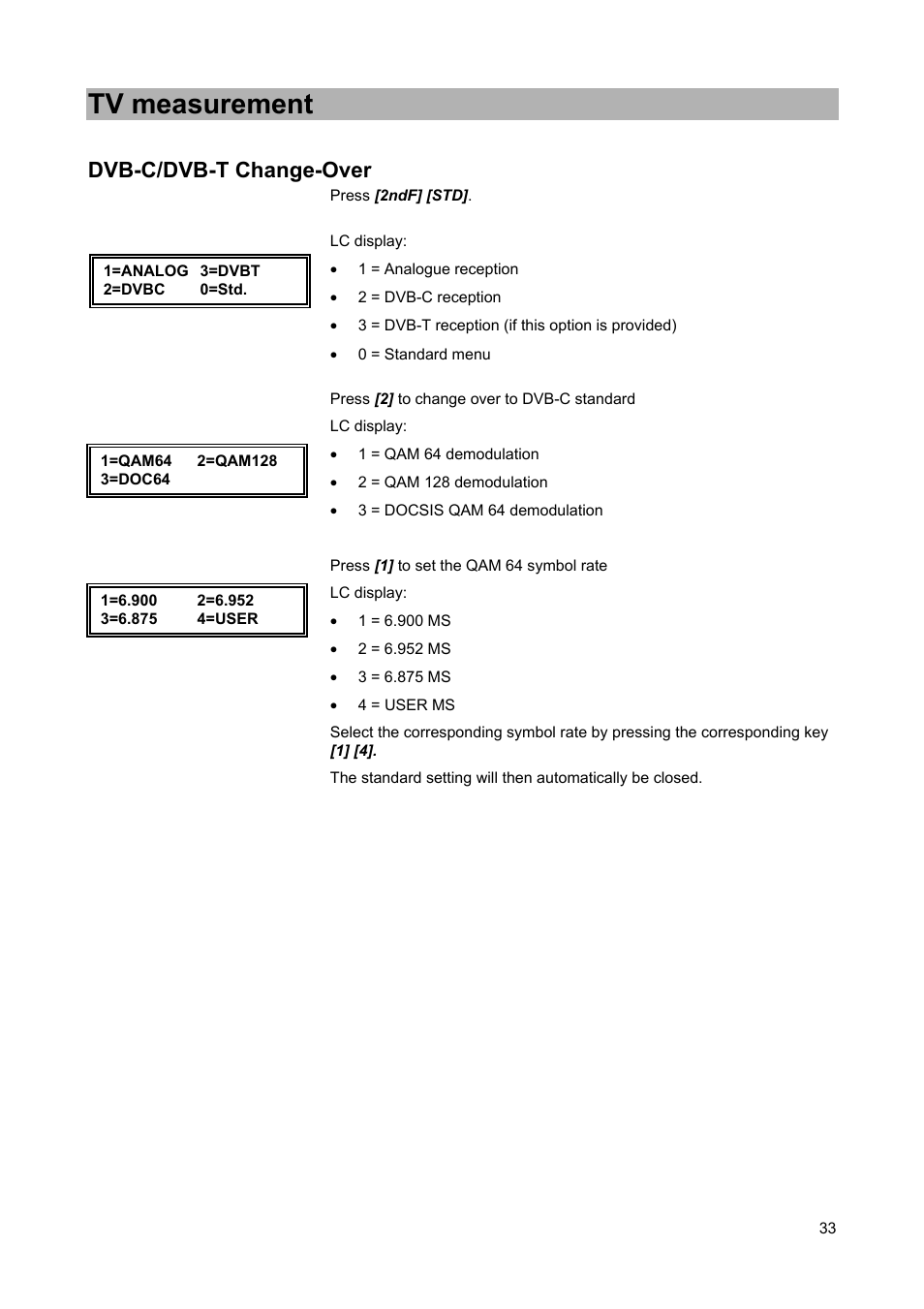 Tv measurement, Dvb-c/dvb-t change-over | Kathrein MSK 25 User Manual | Page 33 / 56