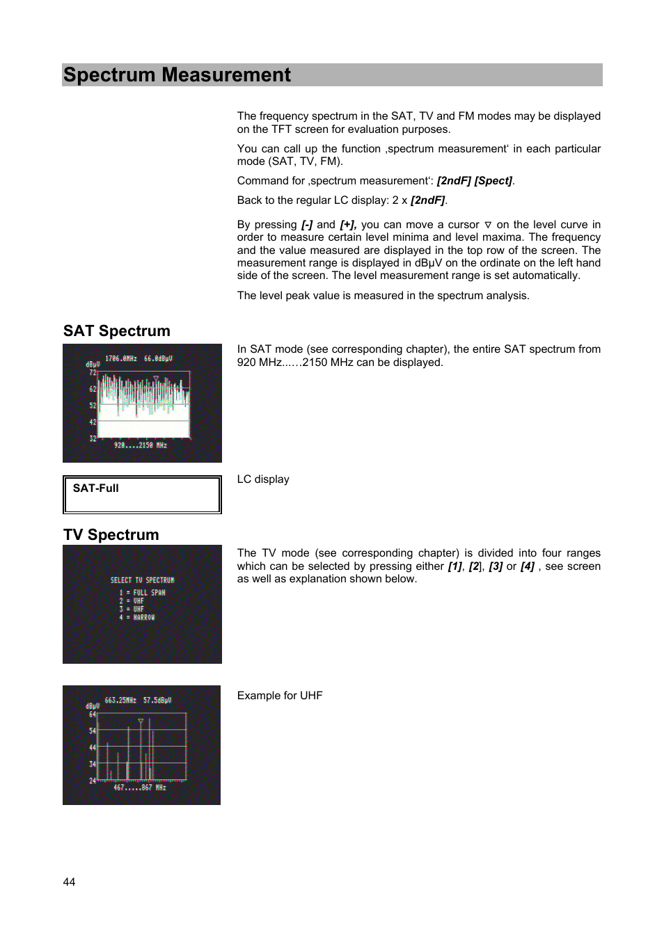 Spectrum measurement, Sat spectrum, Tv spectrum | Kathrein MSK 25 User Manual | Page 44 / 56