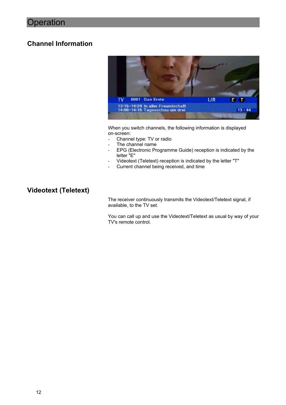 Operation, Channel information, Videotext (teletext) | Kathrein Euroline UFE 370/S User Manual | Page 12 / 36