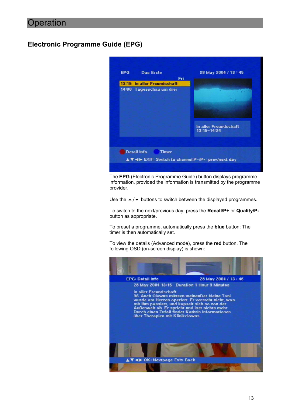 Operation, Electronic programme guide (epg) | Kathrein Euroline UFE 370/S User Manual | Page 13 / 36