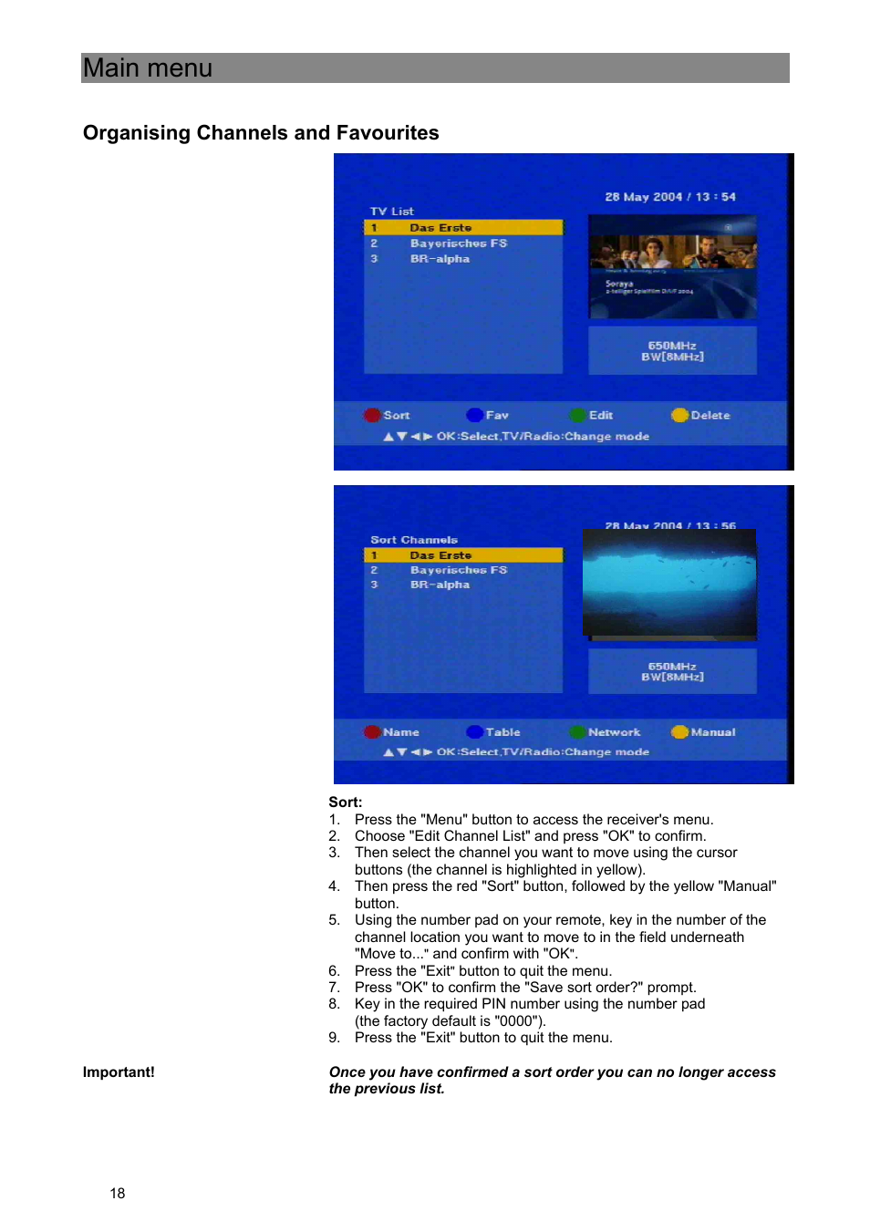 Main menu, Organising channels and favourites | Kathrein Euroline UFE 370/S User Manual | Page 18 / 36