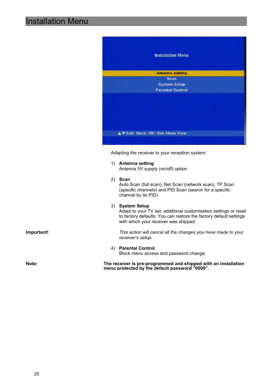Installation menu | Kathrein Euroline UFE 370/S User Manual | Page 20 / 36