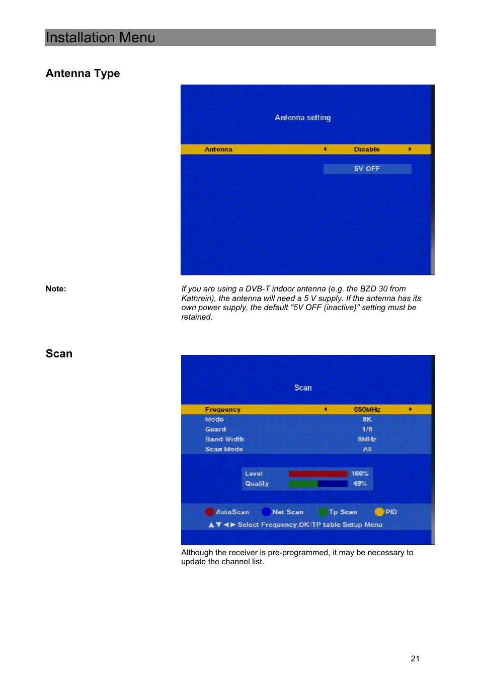 Installation menu, Antenna type, Scan | Kathrein Euroline UFE 370/S User Manual | Page 21 / 36