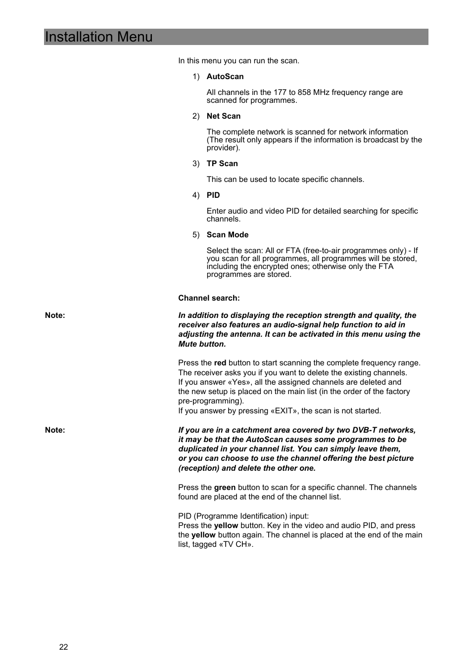 Installation menu | Kathrein Euroline UFE 370/S User Manual | Page 22 / 36