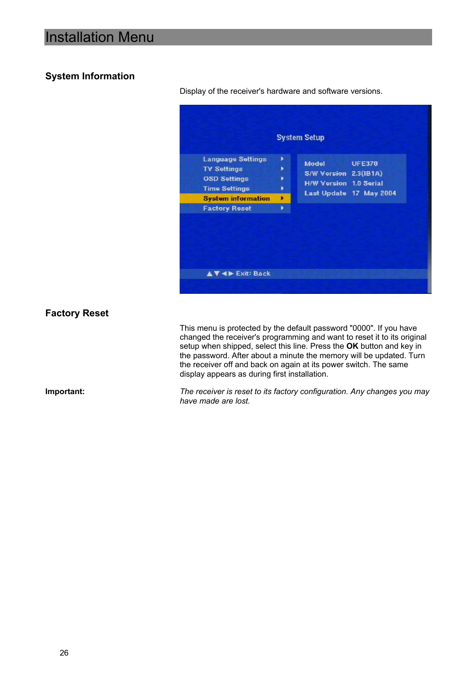 Installation menu | Kathrein Euroline UFE 370/S User Manual | Page 26 / 36