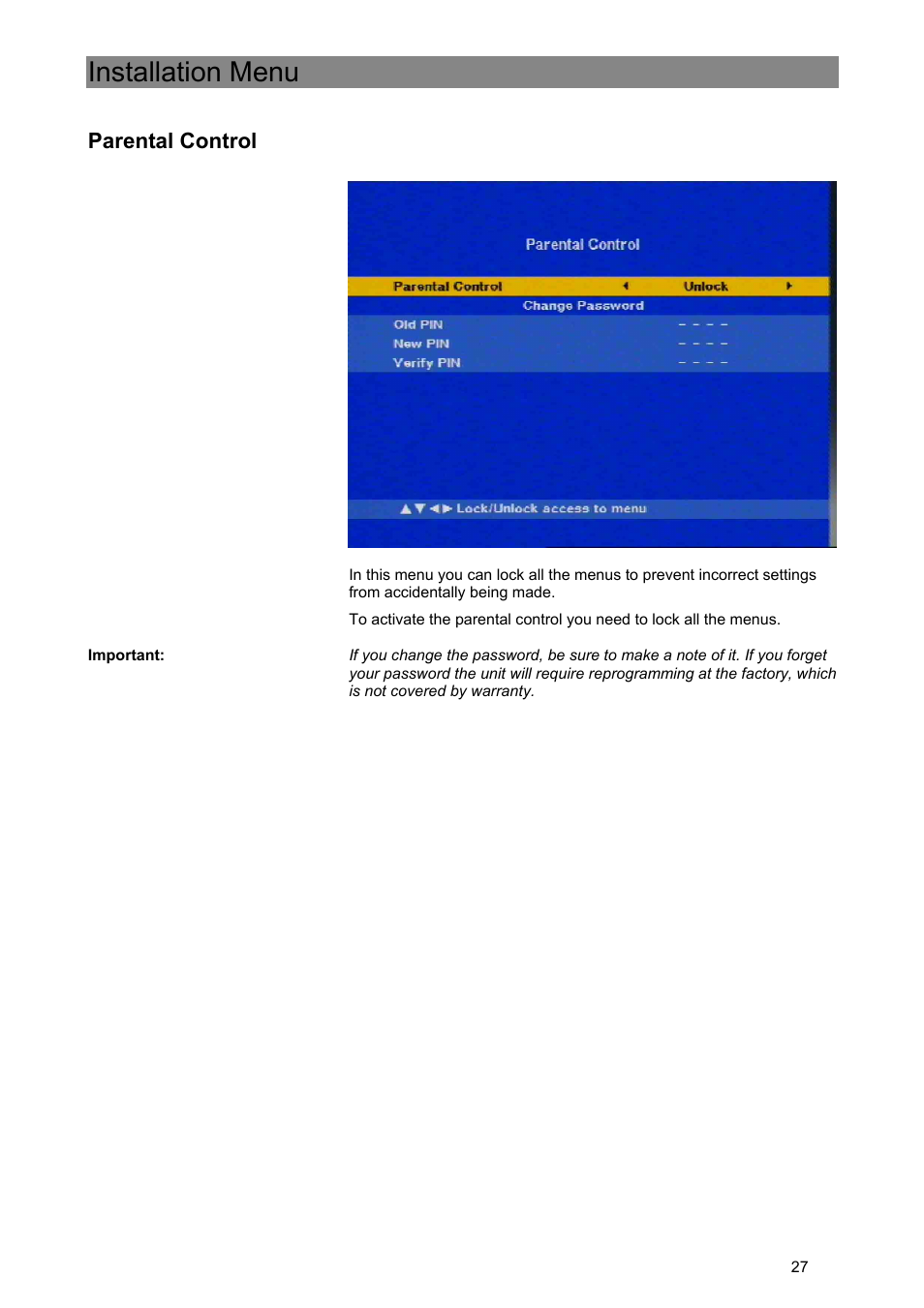 Installation menu, Parental control | Kathrein Euroline UFE 370/S User Manual | Page 27 / 36