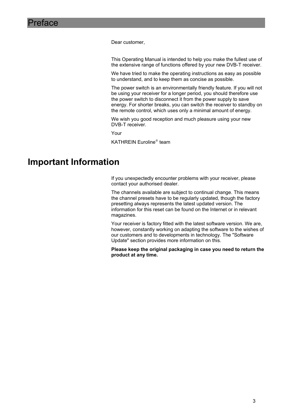 Preface, Important information | Kathrein Euroline UFE 370/S User Manual | Page 3 / 36