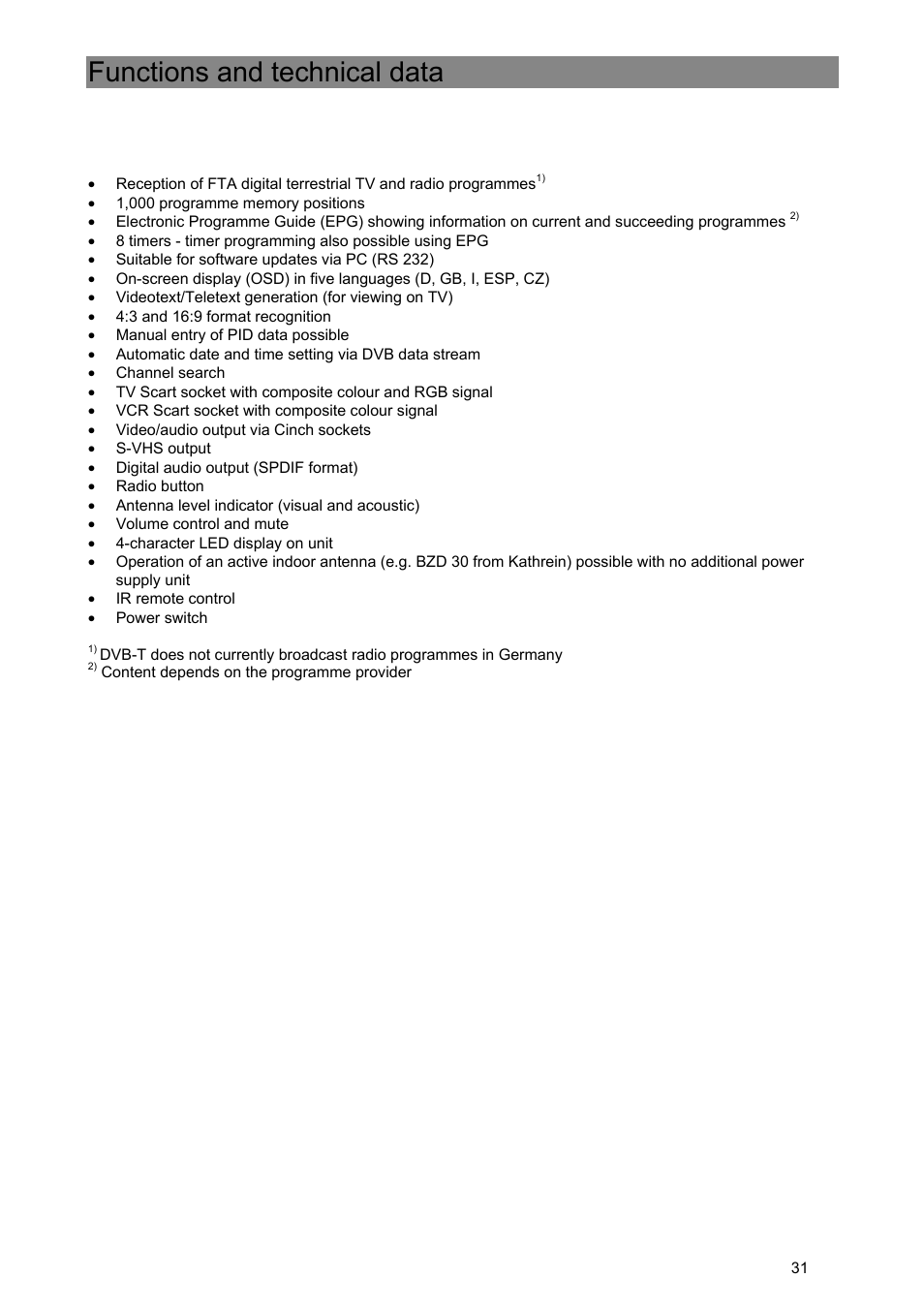 Functions and technical data | Kathrein Euroline UFE 370/S User Manual | Page 31 / 36