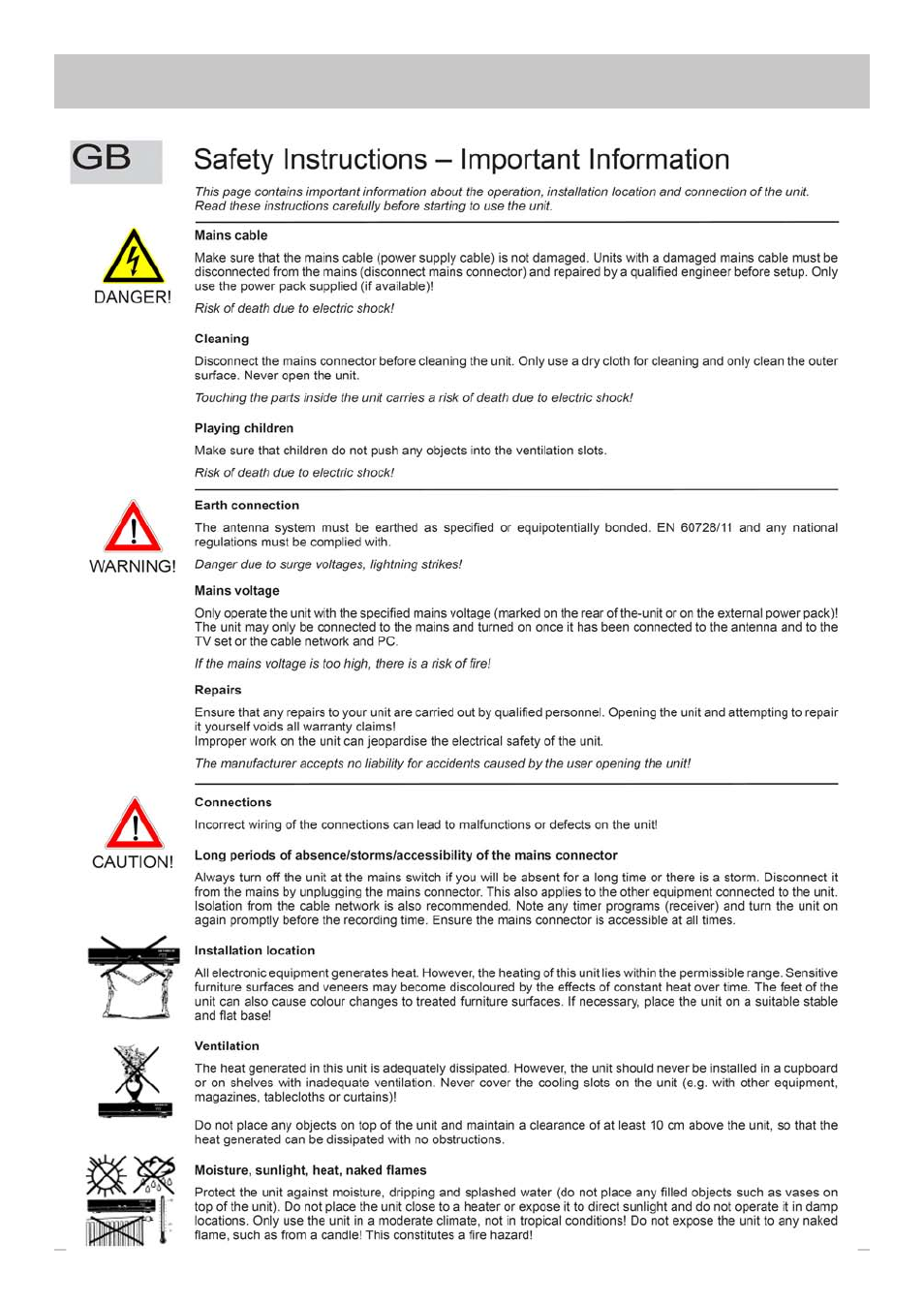 Safety instructions - important notes | Kathrein UFS 640si User Manual | Page 6 / 80