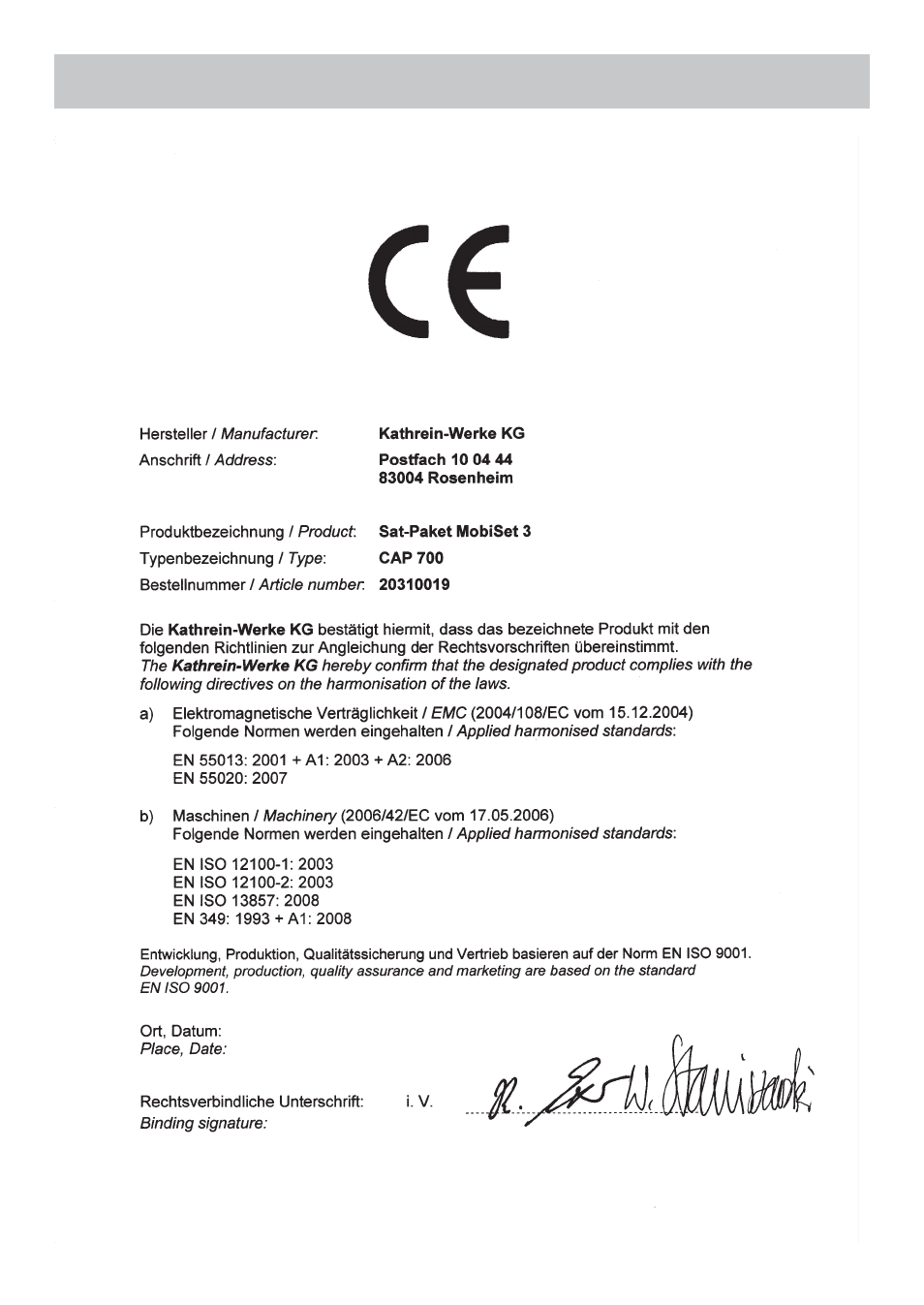 Declaration of conformity | Kathrein MobiSet 3 Digital CAP 700 User Manual | Page 58 / 60