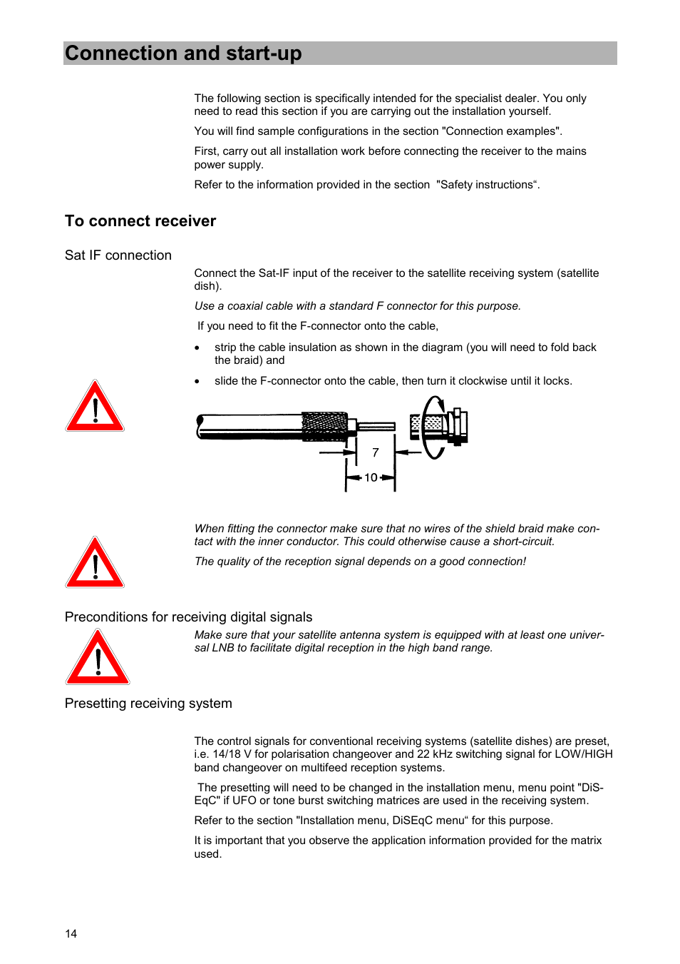 Connection and start-up, To connect receiver, Sat if connection | Preconditions for receiving digital signals, Presetting receiving system | Kathrein UFD 515 User Manual | Page 14 / 57
