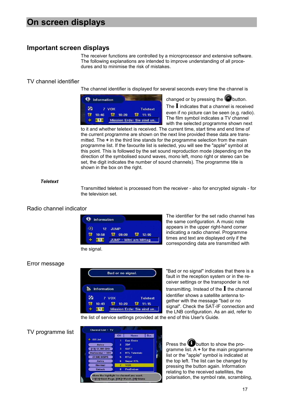 On screen displays, Important screen displays, Tv channel identifier | Teletext, Radio channel indicator, Error message, Tv programme list | Kathrein UFD 515 User Manual | Page 17 / 57