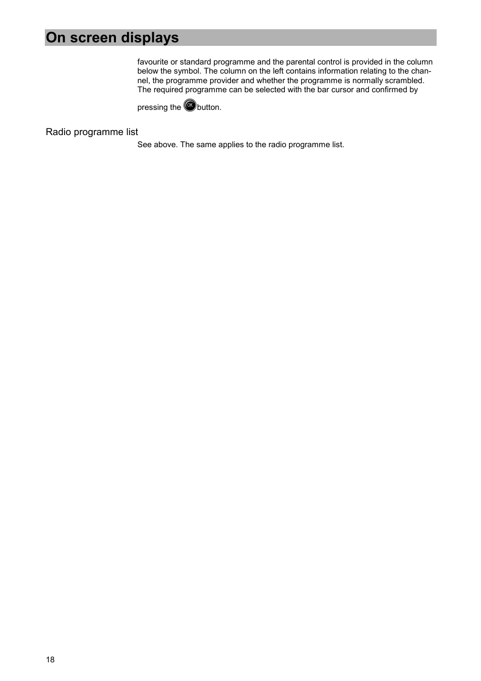 Radio programme list, On screen displays | Kathrein UFD 515 User Manual | Page 18 / 57
