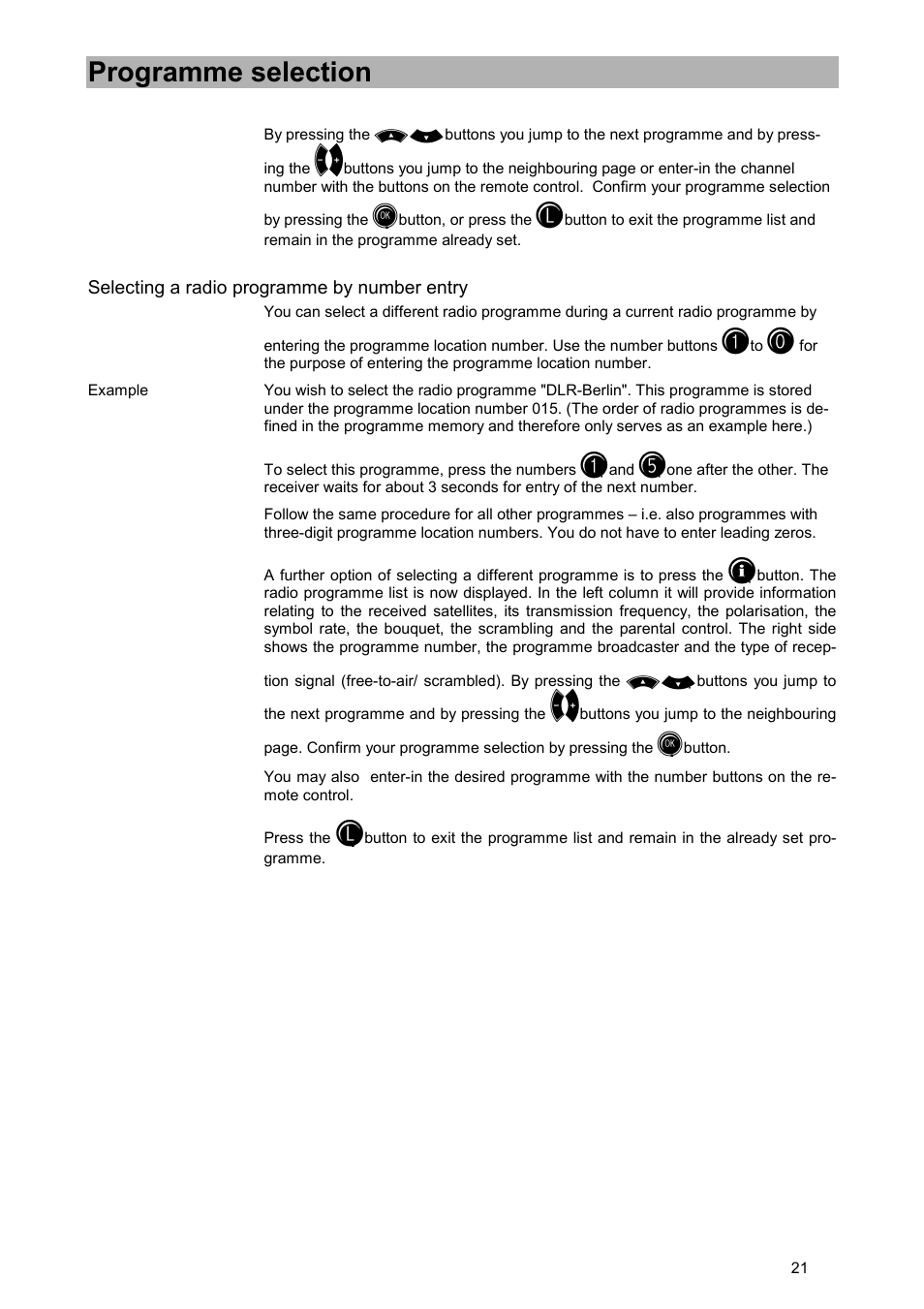 Selecting a radio programme by number entry, Programme selection | Kathrein UFD 515 User Manual | Page 21 / 57