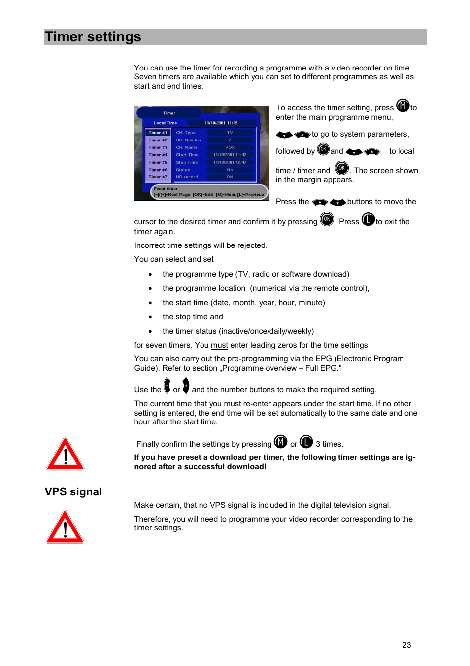 Timer settings, Vps signal | Kathrein UFD 515 User Manual | Page 23 / 57