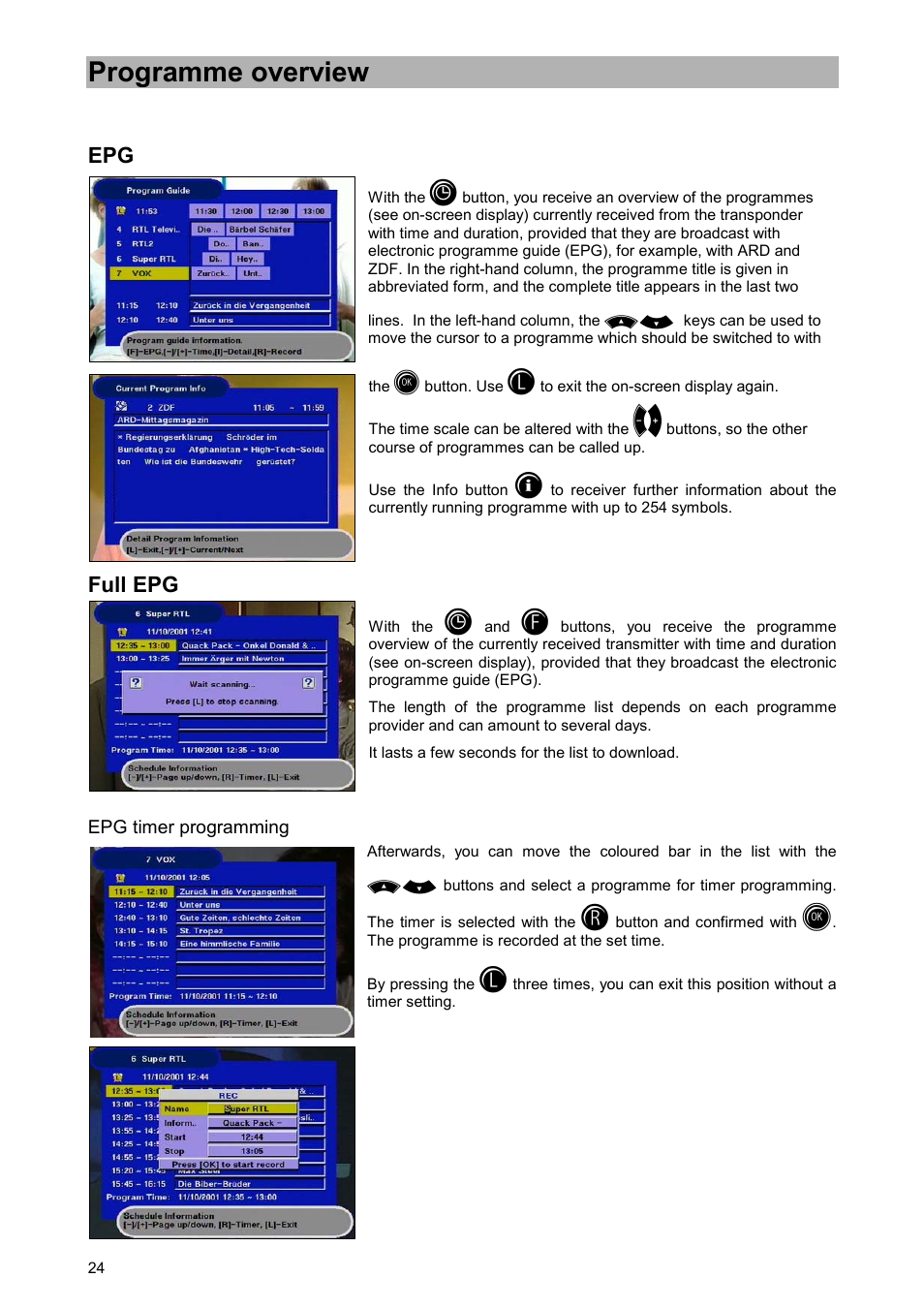 Programme overview, Full epg, Epg timer programming | Kathrein UFD 515 User Manual | Page 24 / 57