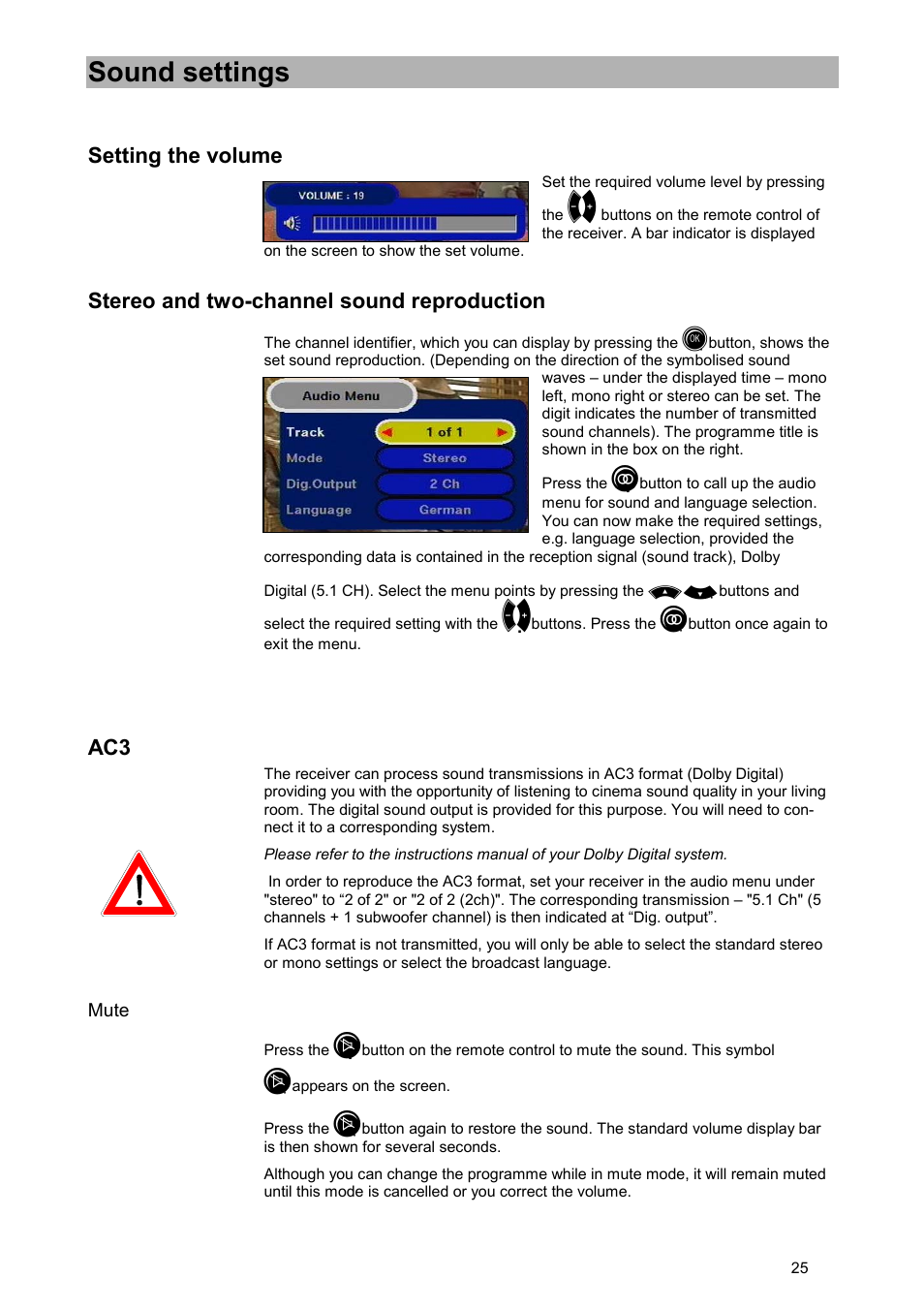 Sound settings, Setting the volume, Stereo and two-channel sound reproduction | Mute | Kathrein UFD 515 User Manual | Page 25 / 57