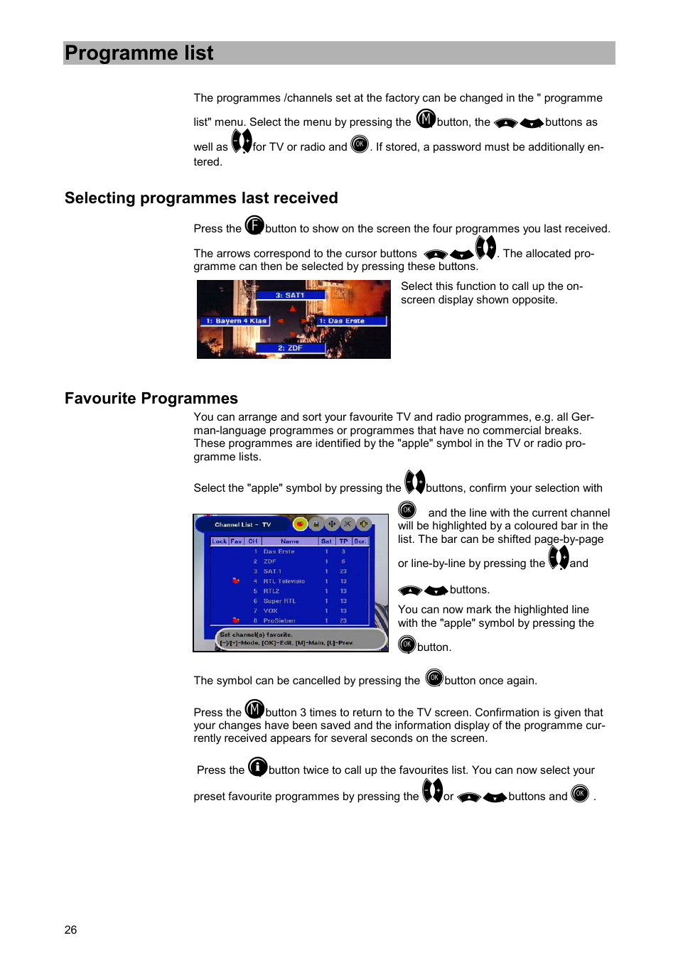 Programme list, Selecting programmes last received, Favourite programmes | Kathrein UFD 515 User Manual | Page 26 / 57