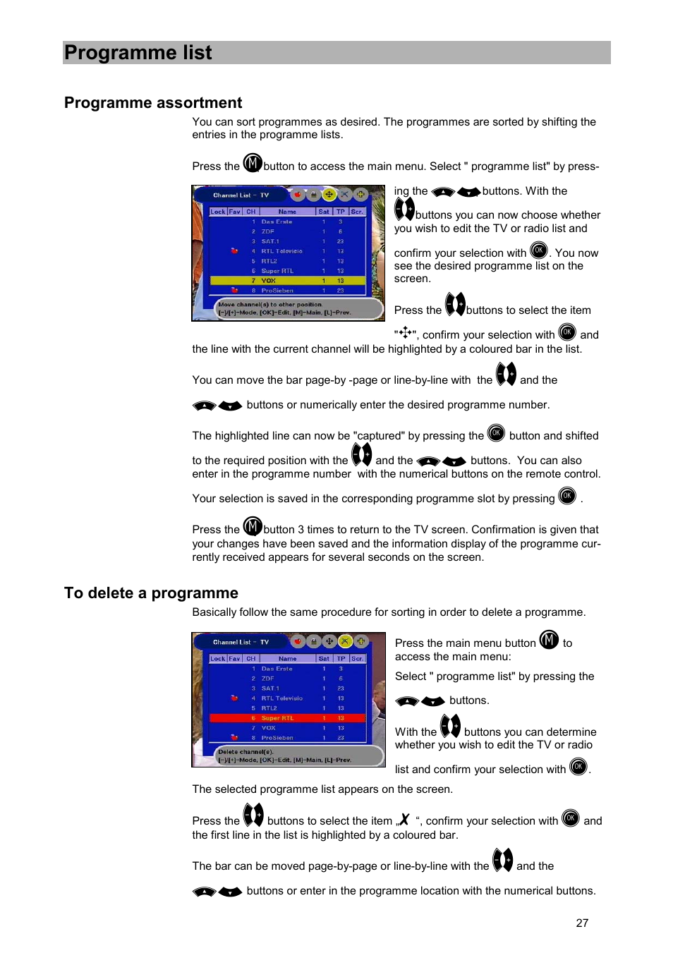 Programme assortment, To delete a programme, Programme list | Kathrein UFD 515 User Manual | Page 27 / 57