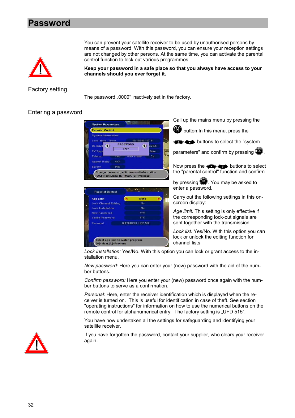 Password, Factory setting, Entering a password | Kathrein UFD 515 User Manual | Page 32 / 57