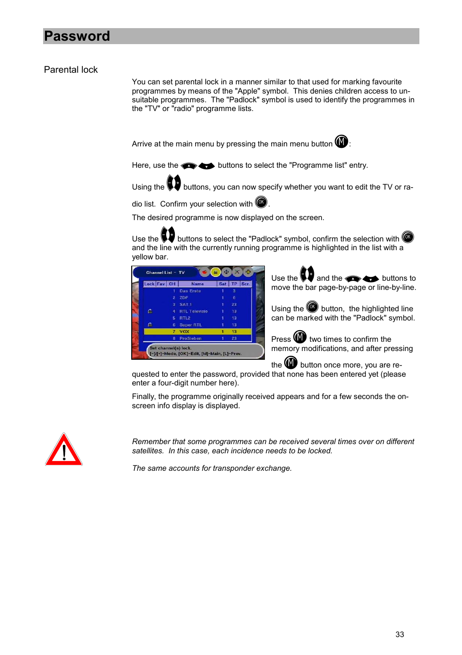 Parental lock, Password | Kathrein UFD 515 User Manual | Page 33 / 57