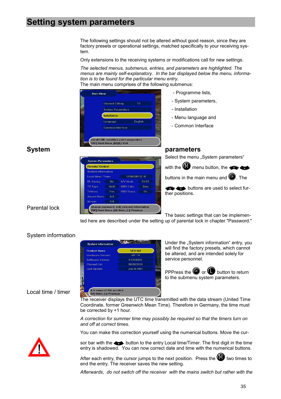 Setting system parameters, System parameters, Parental lock | System information, Local time / timer | Kathrein UFD 515 User Manual | Page 35 / 57