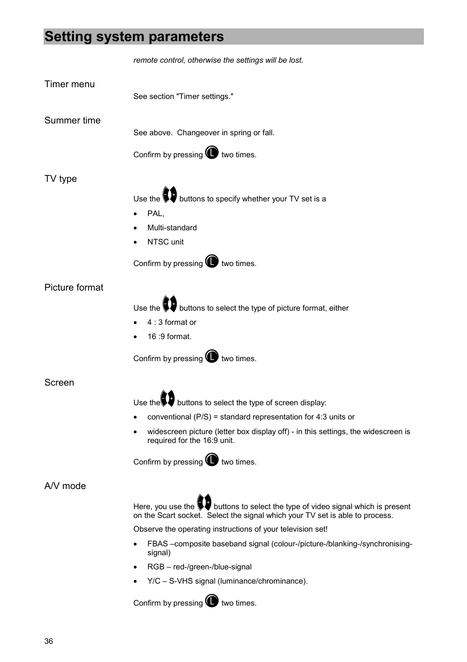 Timer menu, Summer time, Tv type | Picture format, Screen, A/v mode, Setting system parameters | Kathrein UFD 515 User Manual | Page 36 / 57