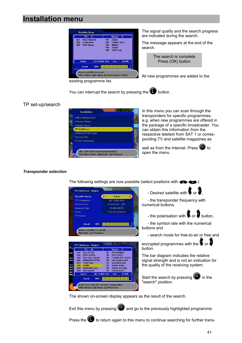 Tp set-up/search, Transponder selection, Installation menu | Kathrein UFD 515 User Manual | Page 41 / 57