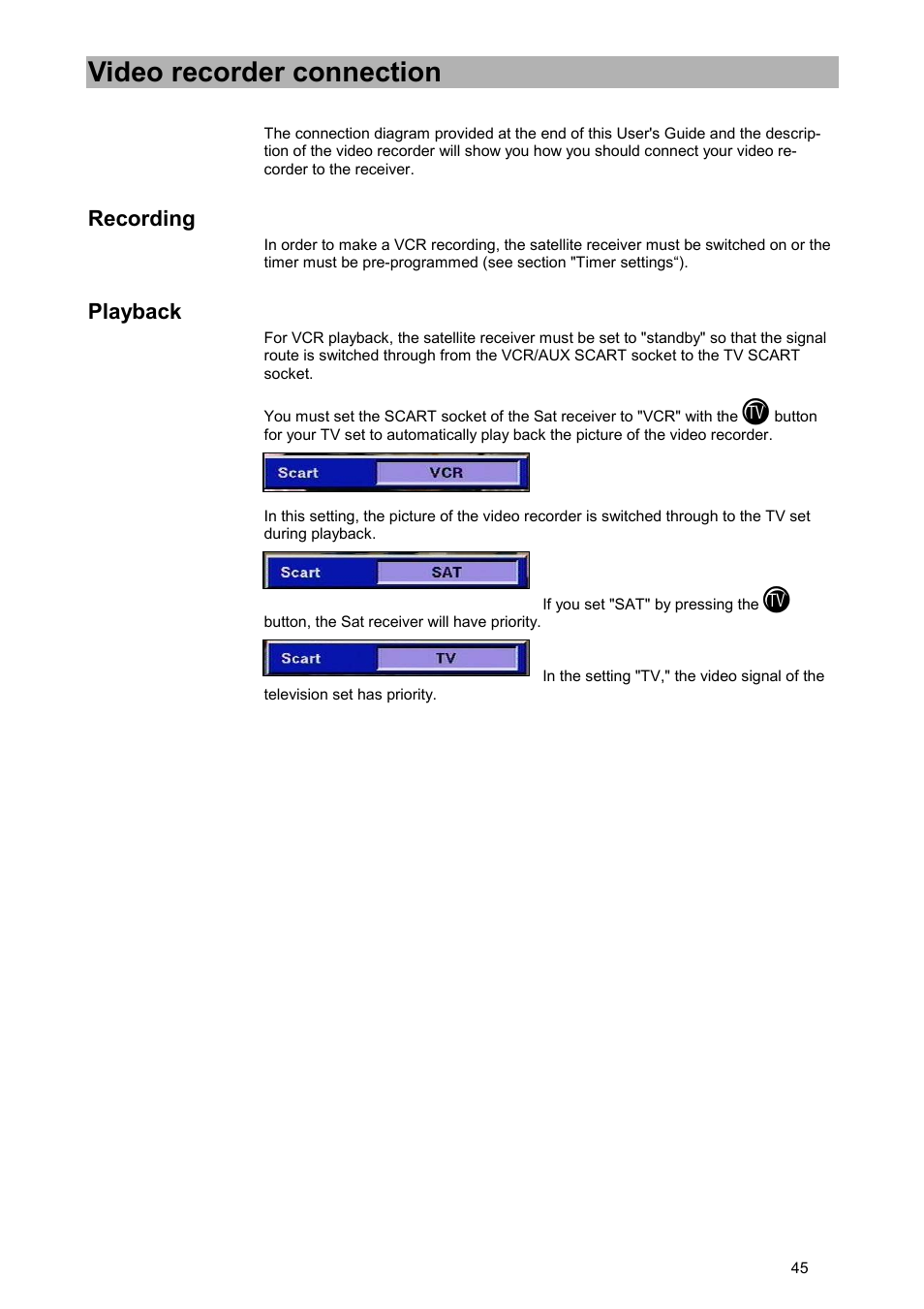 Video recorder connection, Recording, Playback | Kathrein UFD 515 User Manual | Page 45 / 57