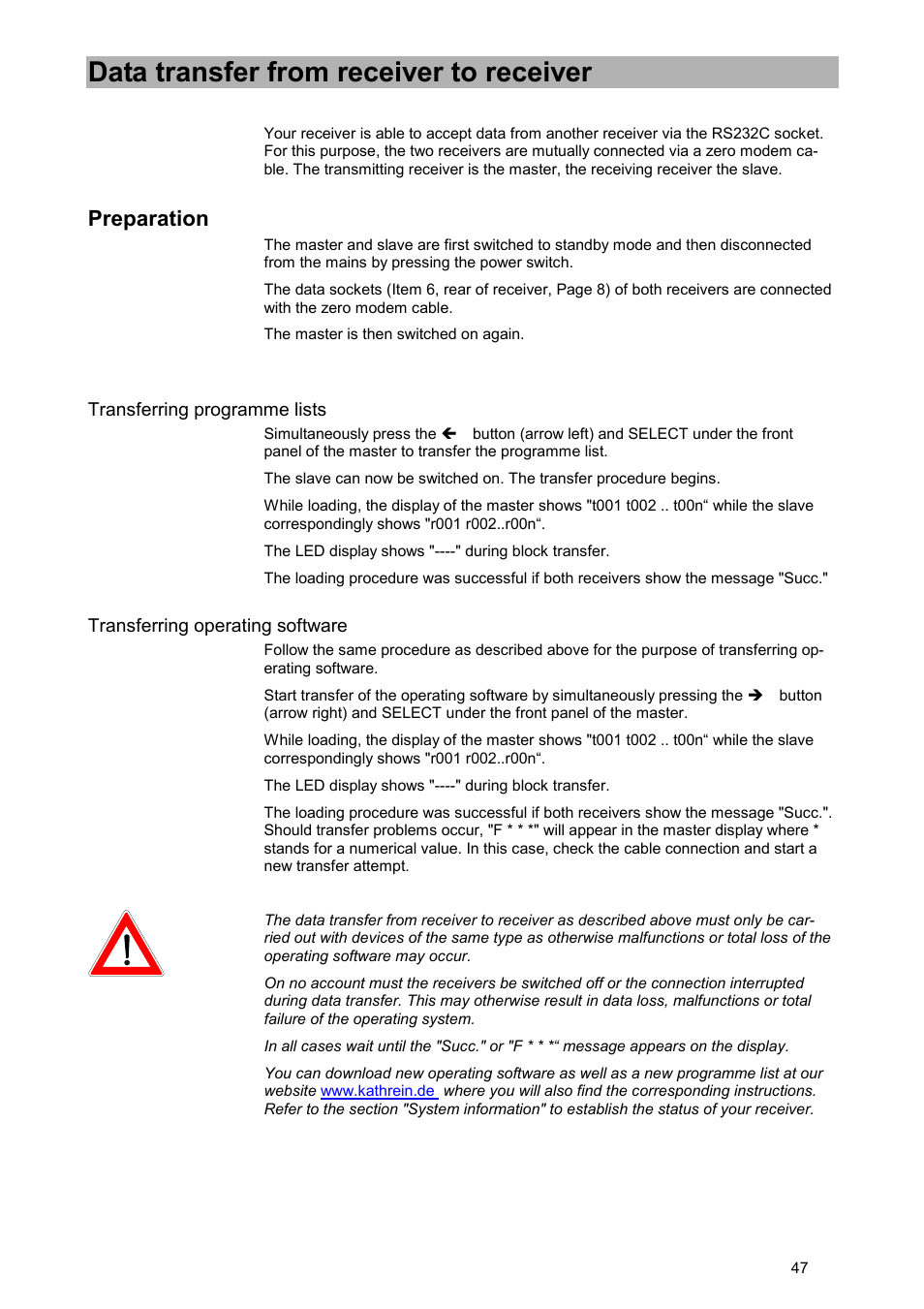 Data transfer from receiver to receiver, Preparation, Transferring programme lists | Transferring operating software | Kathrein UFD 515 User Manual | Page 47 / 57