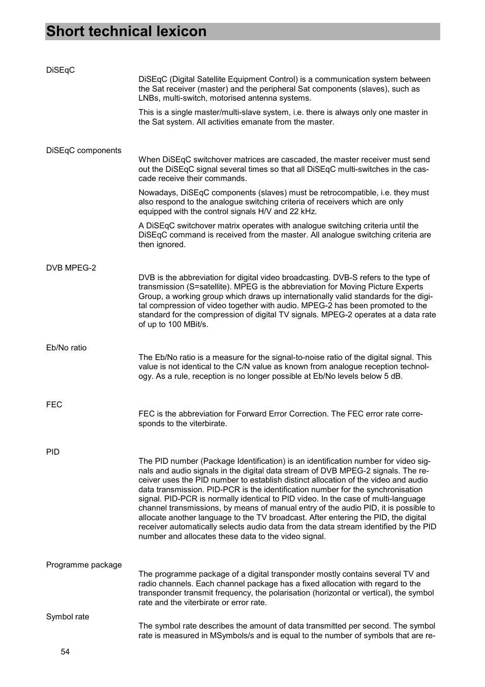 Short technical lexicon | Kathrein UFD 515 User Manual | Page 54 / 57