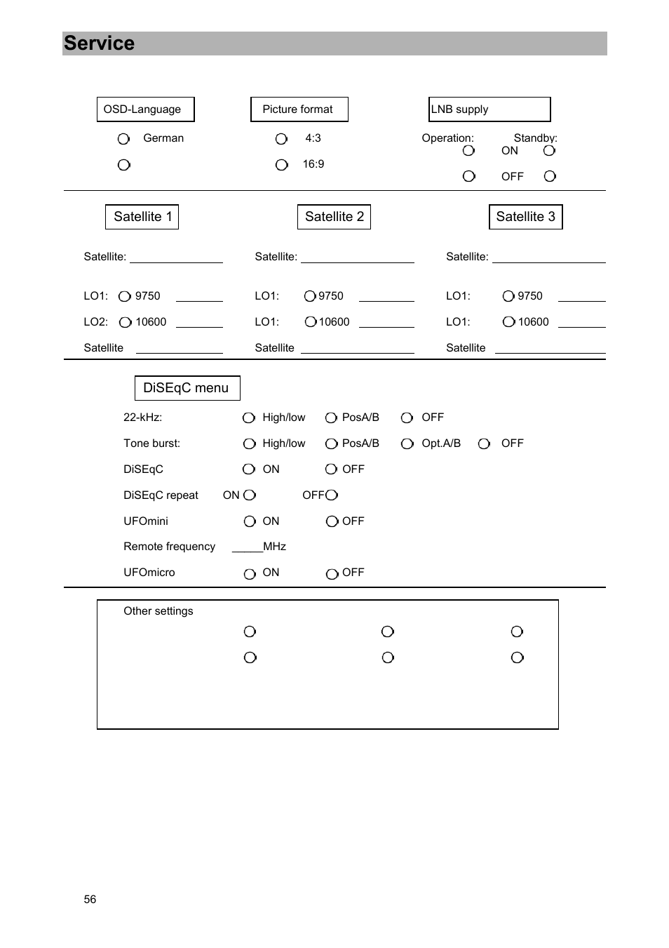 Service, Satellite 1 satellite 2 satellite 3, Diseqc menu | Kathrein UFD 515 User Manual | Page 56 / 57