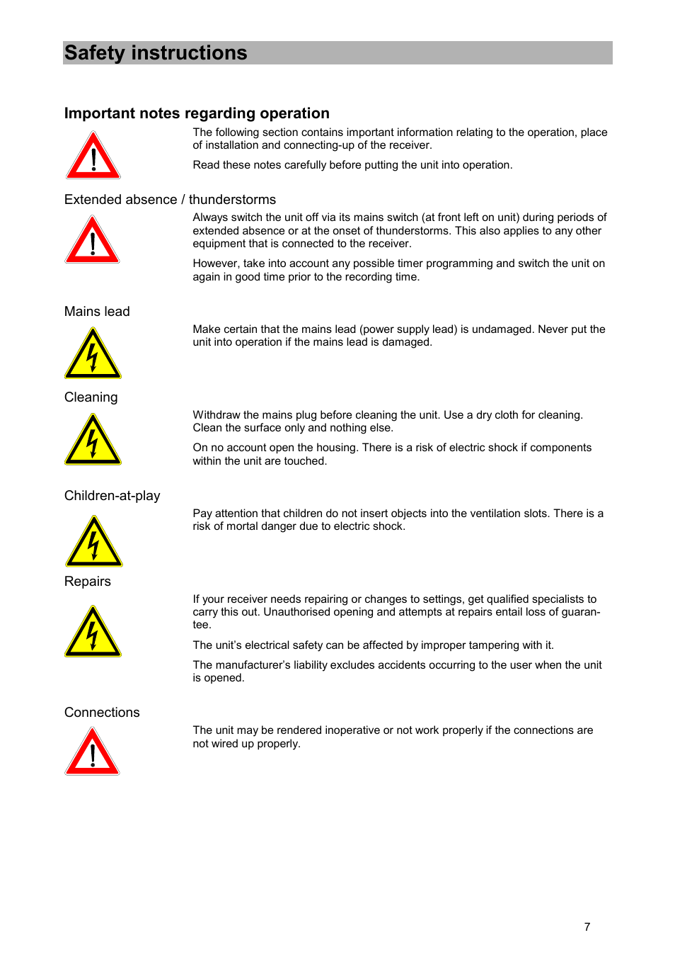 Safety instructions, Important notes regarding operation, Extended absence / thunderstorms | Mains lead, Cleaning, Children-at-play, Repairs, Connections | Kathrein UFD 515 User Manual | Page 7 / 57