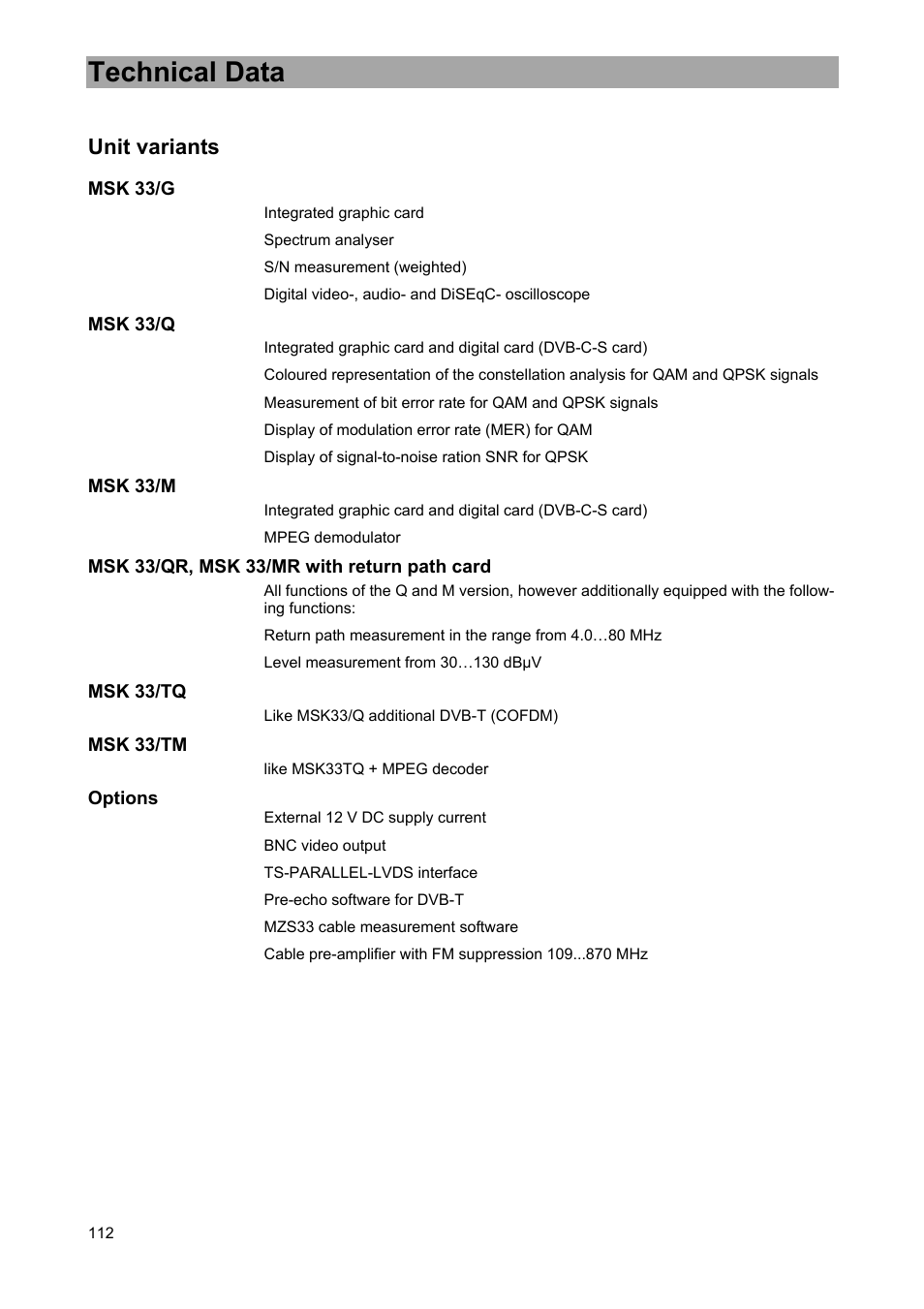 Technical data, Unit variants | Kathrein MSK 33 User Manual | Page 112 / 116