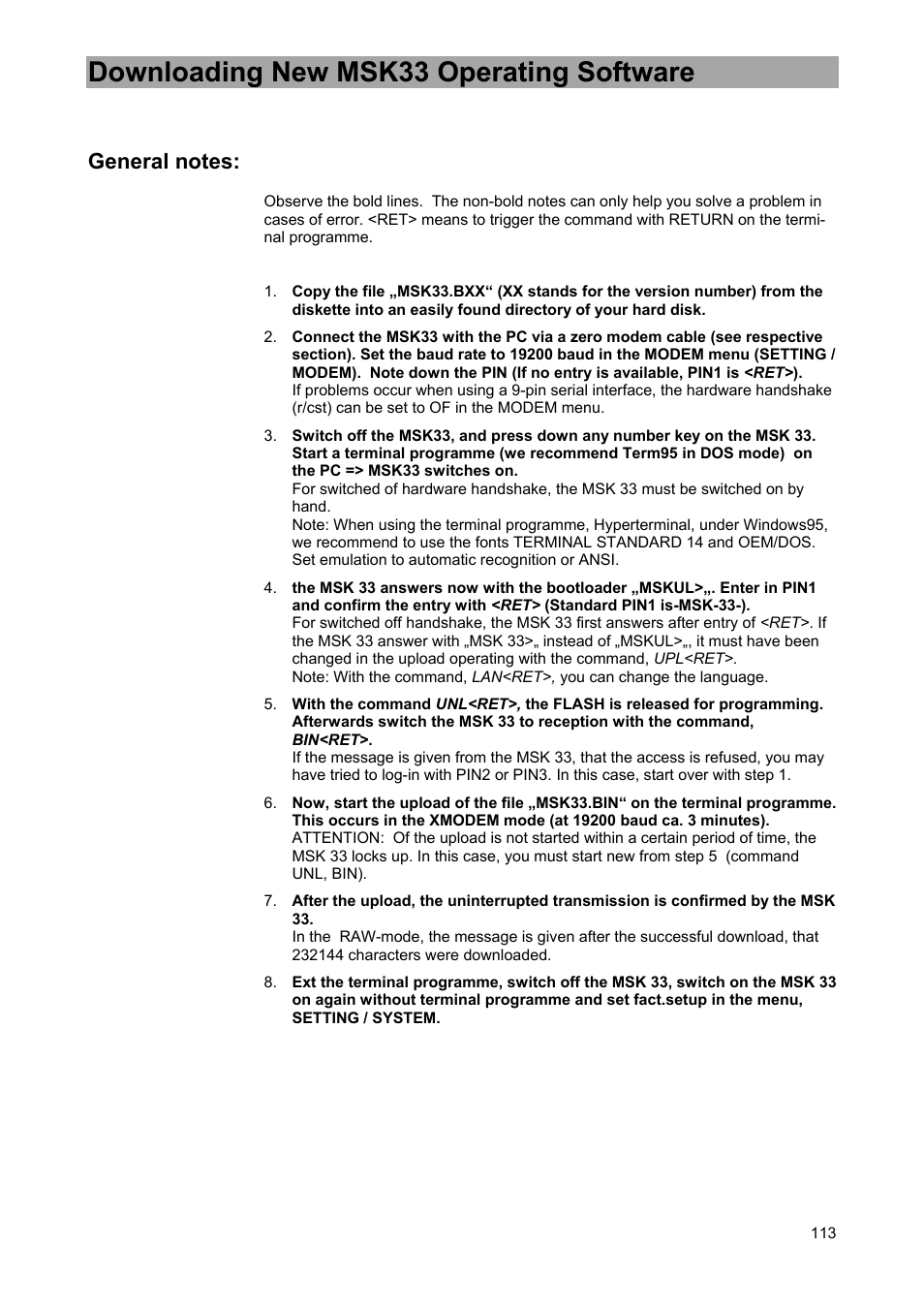 Downloading new msk33 operating software | Kathrein MSK 33 User Manual | Page 113 / 116