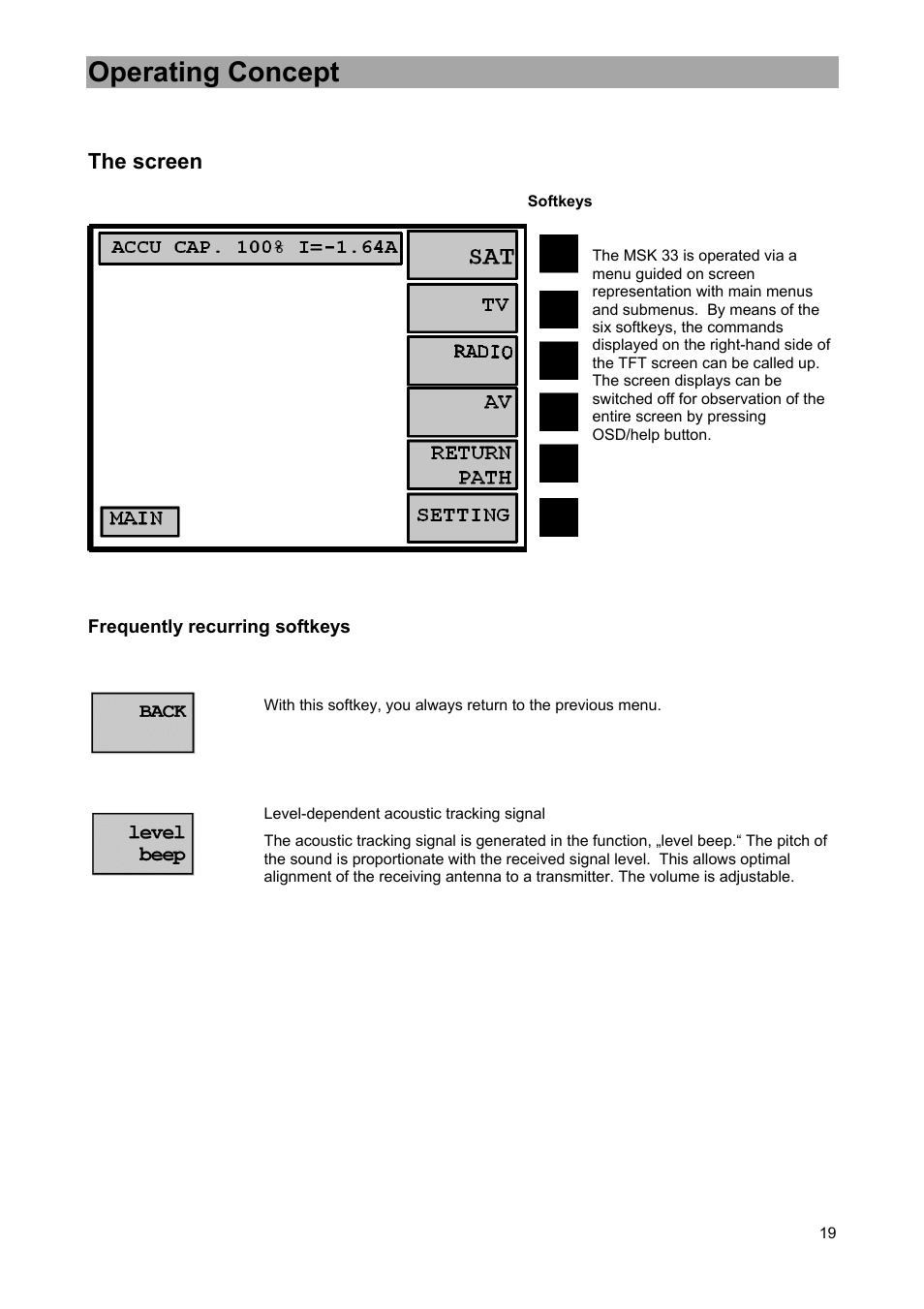 Operating concept, The screen | Kathrein MSK 33 User Manual | Page 19 / 116