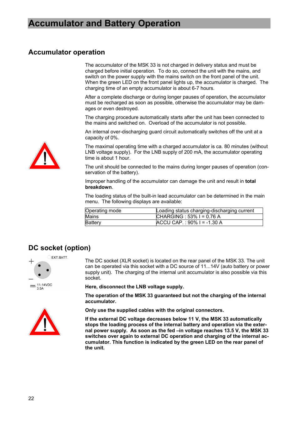 Accumulator and battery operation, Accumulator operation, Dc socket (option) | Kathrein MSK 33 User Manual | Page 22 / 116