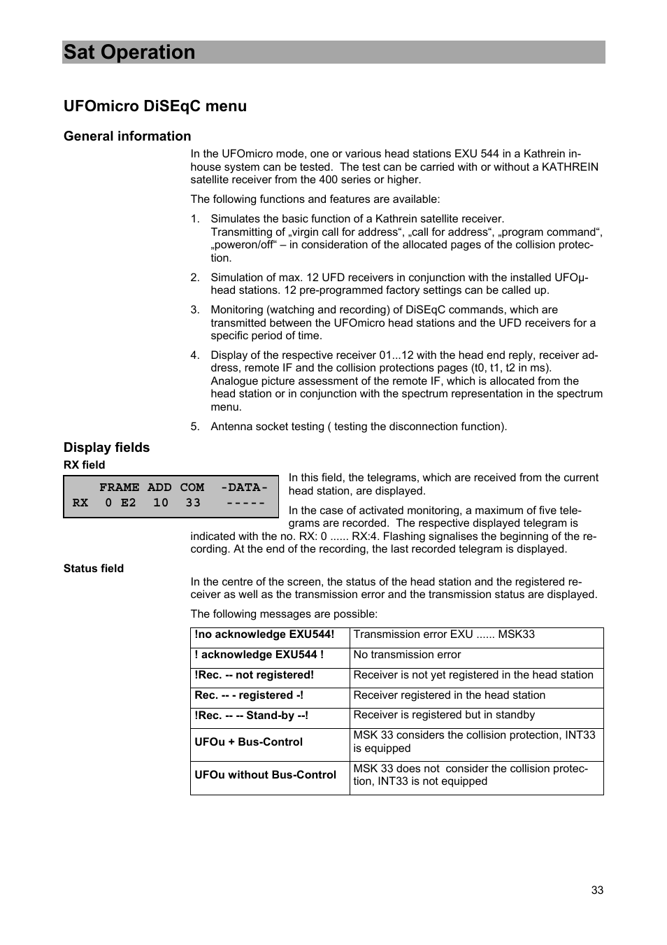 Sat operation, Ufomicro diseqc menu | Kathrein MSK 33 User Manual | Page 33 / 116