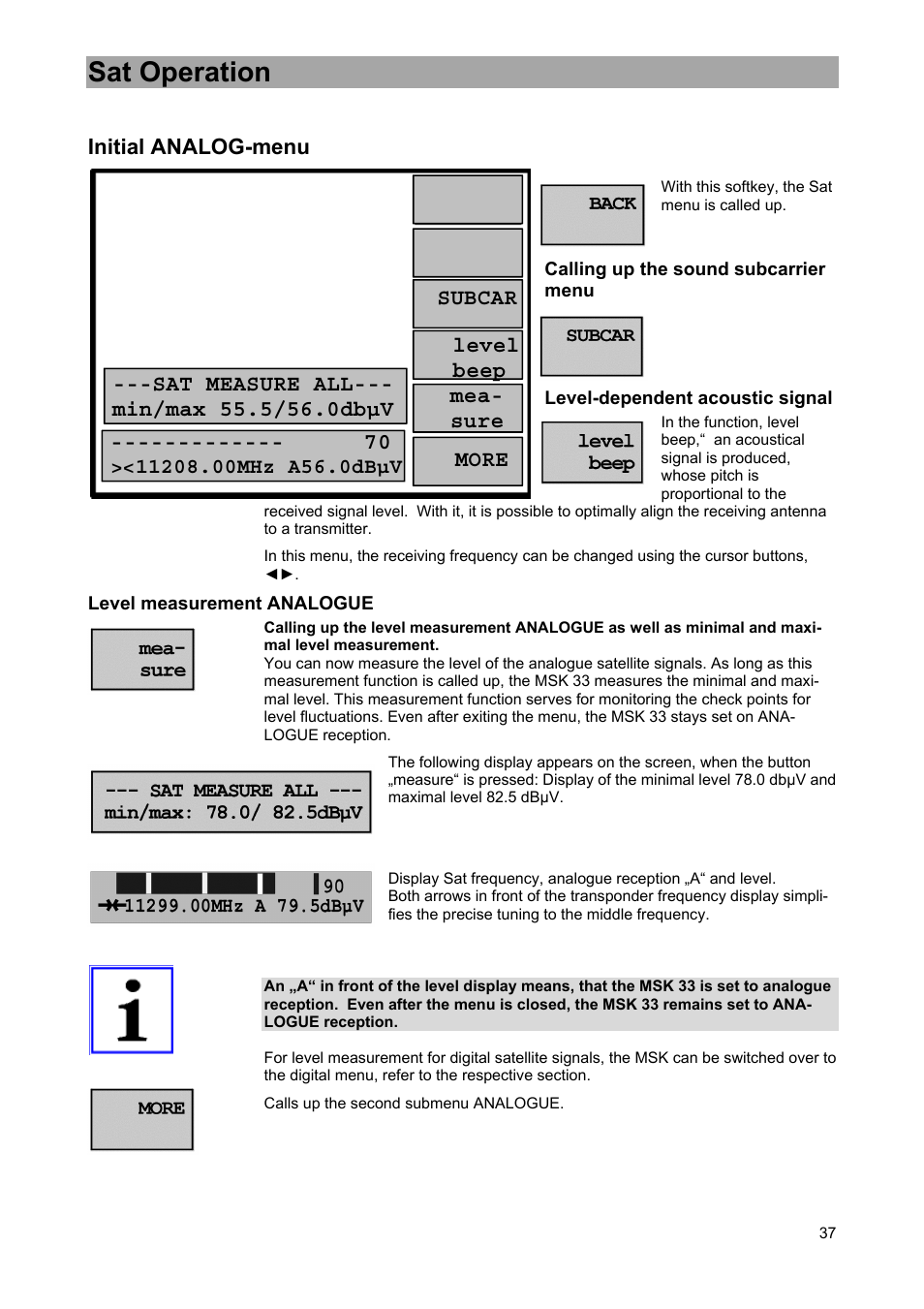 Sat operation, Initial analog-menu | Kathrein MSK 33 User Manual | Page 37 / 116