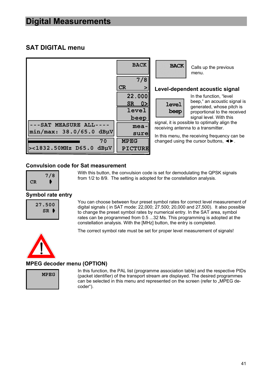 Digital measurements, Sat digital menu, Level beep mea- sure mpeg picture | 7/8 cr | Kathrein MSK 33 User Manual | Page 41 / 116
