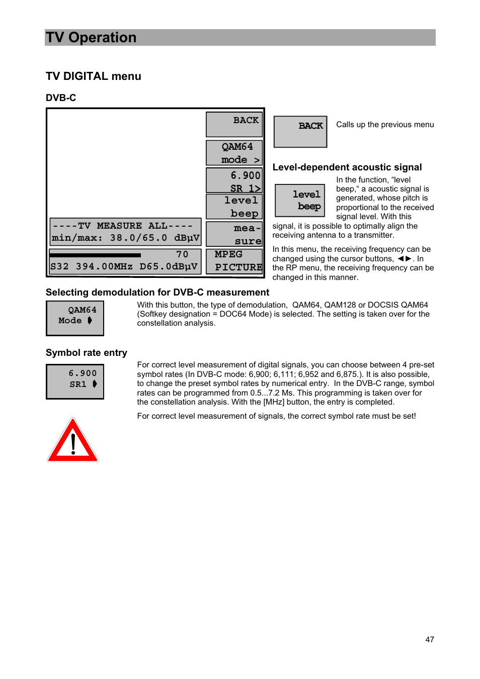 Tv operation, Tv digital menu, Level beep mea- sure mpeg picture | Qam64 mode | Kathrein MSK 33 User Manual | Page 47 / 116