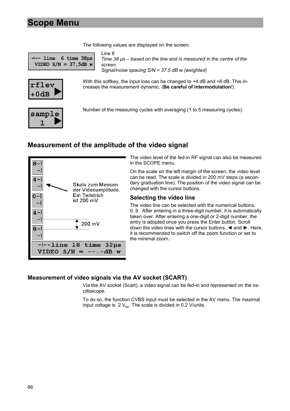 Scope menu, Rflev +0db sample 1, Measurement of the amplitude of the video signal | Kathrein MSK 33 User Manual | Page 66 / 116