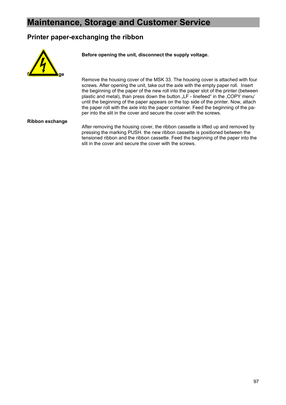 Maintenance, storage and customer service, Printer paper-exchanging the ribbon | Kathrein MSK 33 User Manual | Page 97 / 116