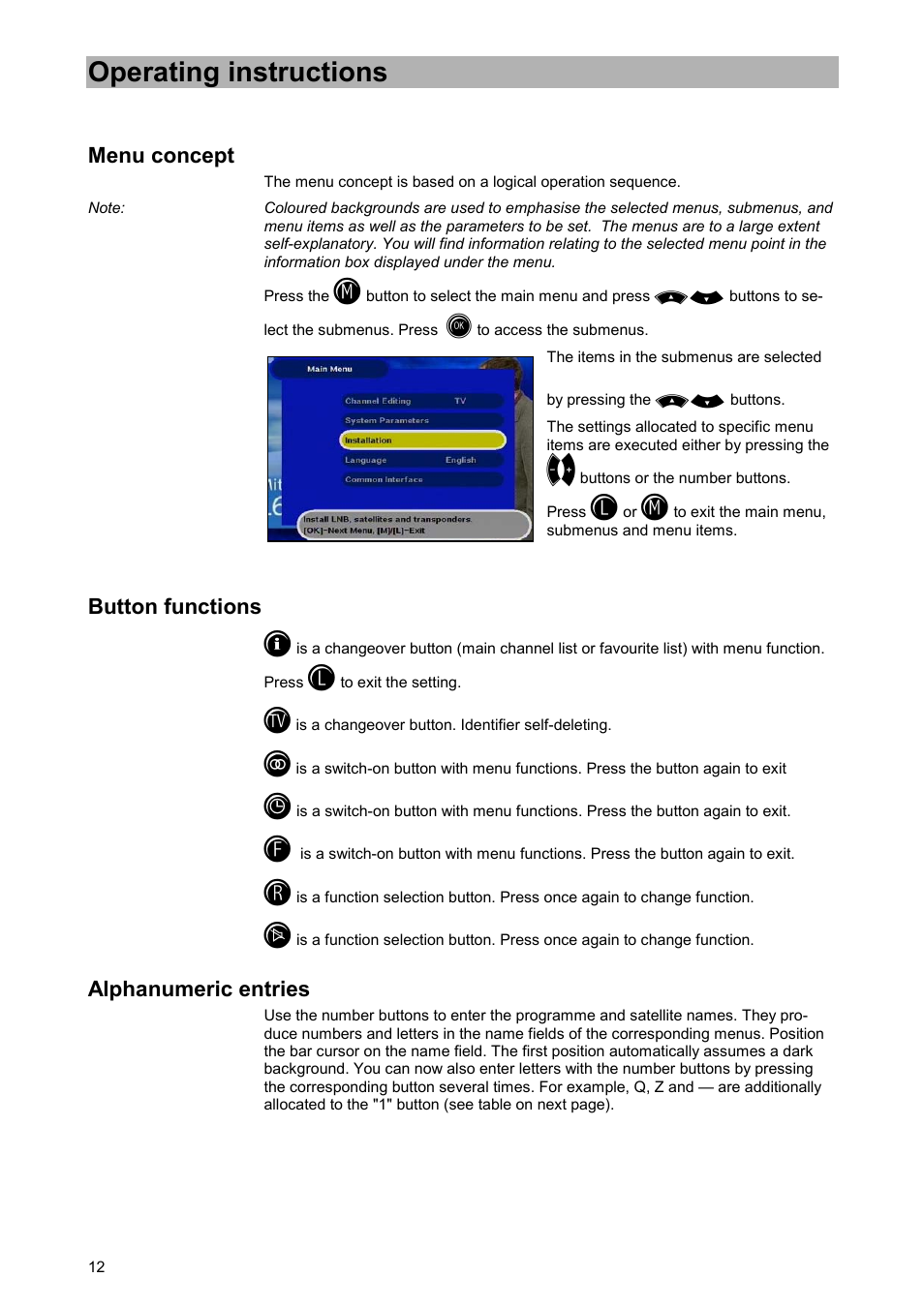 Operating instructions, Menu concept, Button functions | Alphanumeric entries | Kathrein UFD 520 User Manual | Page 12 / 60